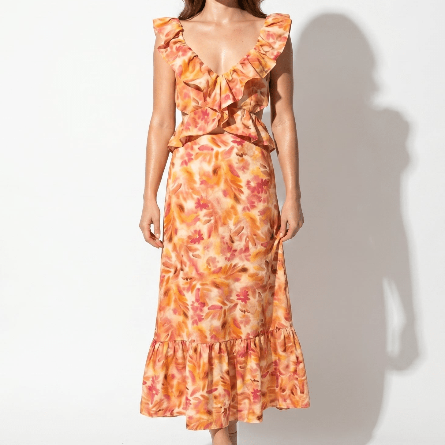 Freya - Women's Summer Floral Ruffled Maxi Dress - Maxi Dress - Orange - Taylor & Bennett