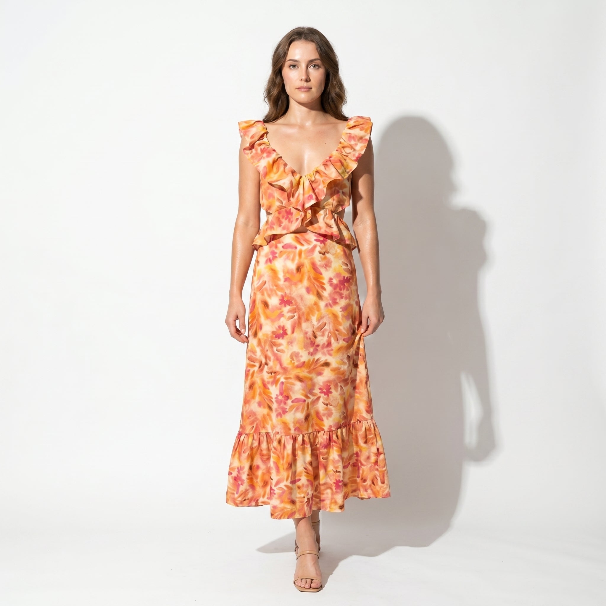 Freya - Women's Summer Floral Ruffled Maxi Dress - Maxi Dress - Orange - Taylor & Bennett