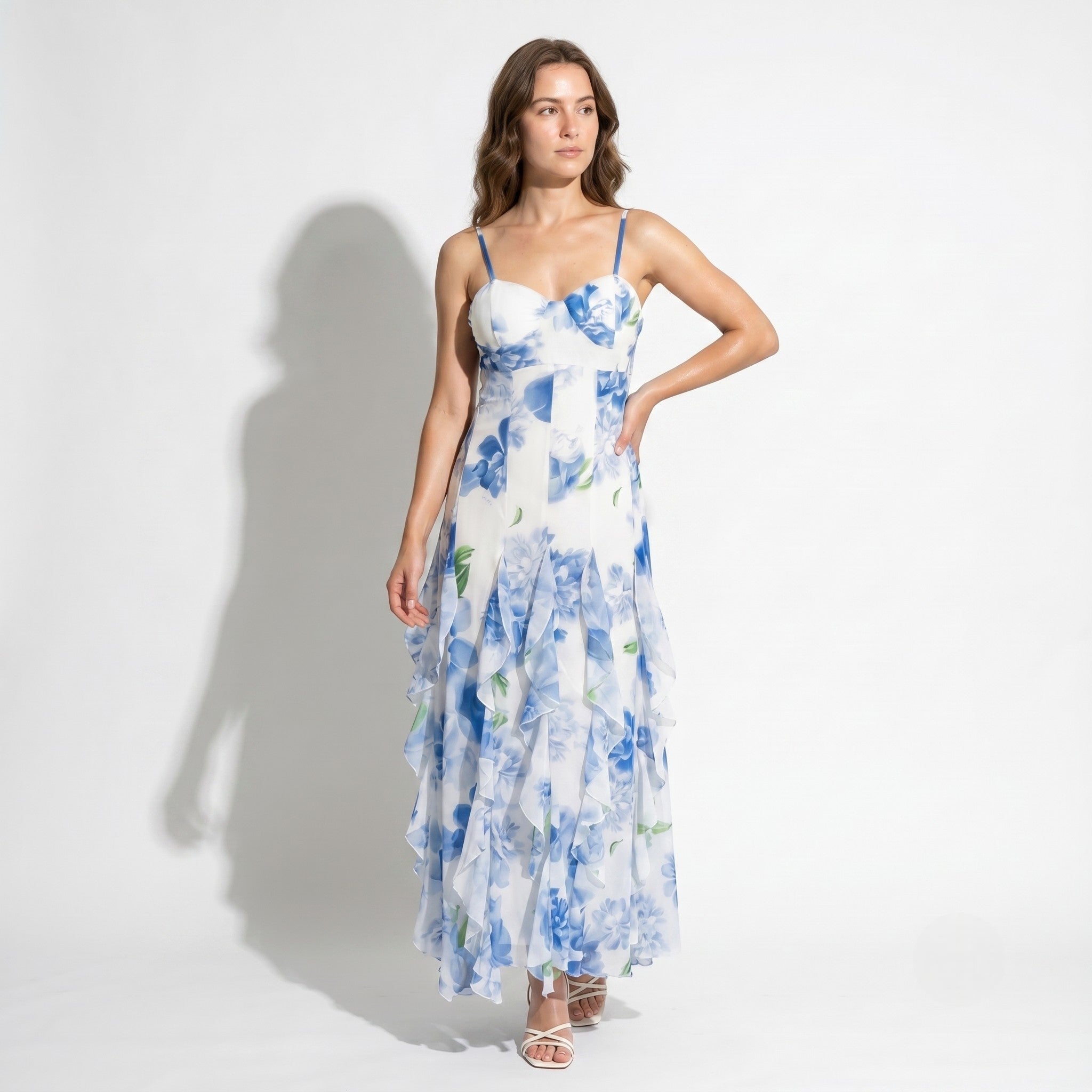 Freya - Women's Wedding Guest Floral Chiffon Maxi Dress - Maxi Dress - Blue - Taylor & Bennett