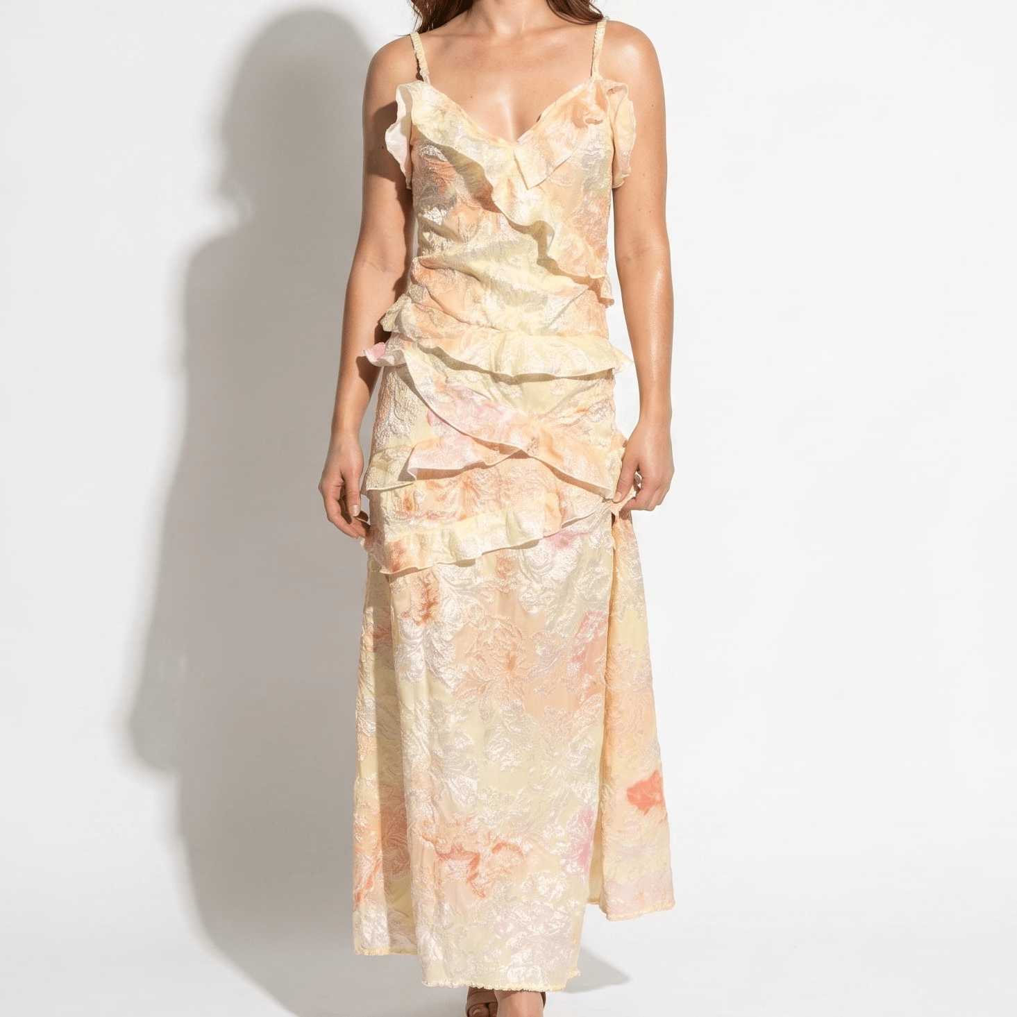 Freya - Women's Wedding Guest Floral Ruffle V - Neck Maxi Dress - Maxi Dress - Yellow - Taylor & Bennett