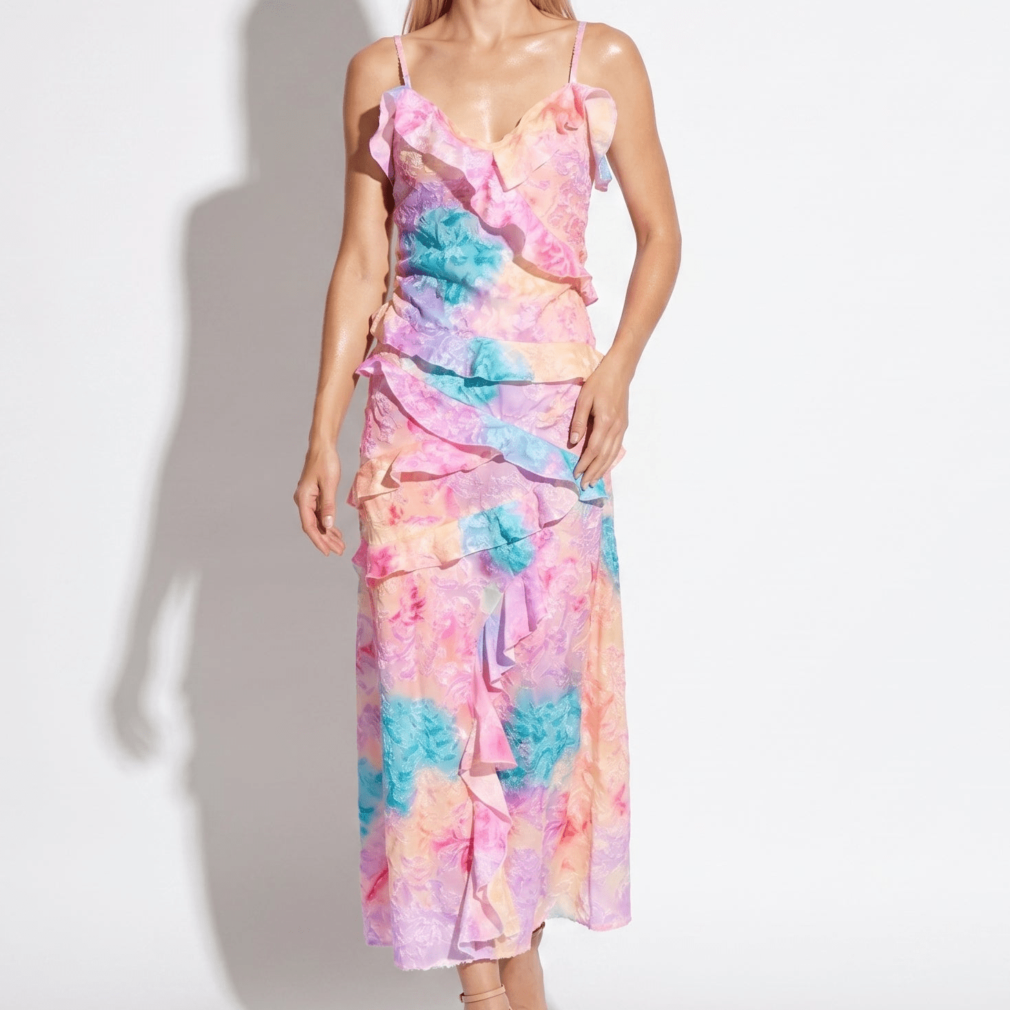Freya - Women's Wedding Guest Floral Ruffle V - Neck Maxi Dress - Maxi Dress - Pink - Taylor & Bennett