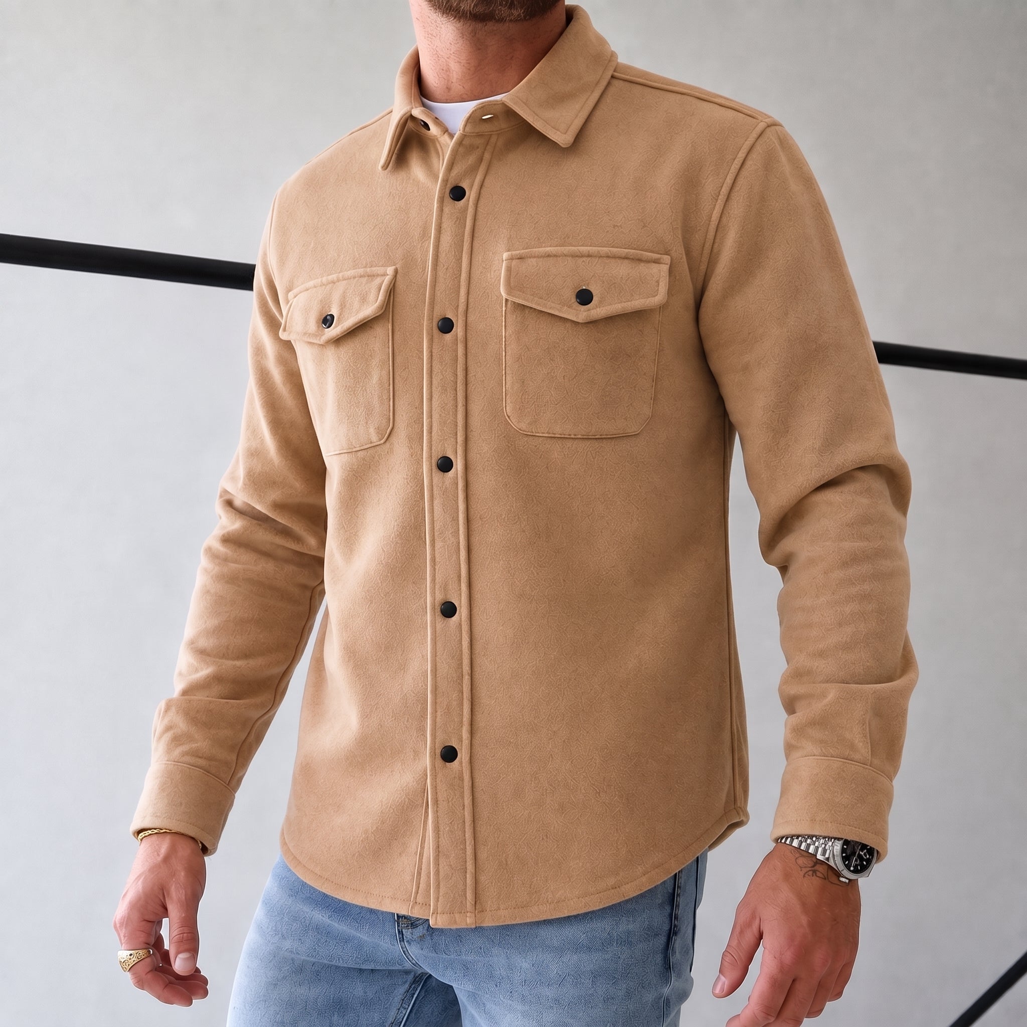 Friedrich - Men's Relaxed Fit Shirt Jacket with Dual Chest Pockets - Shirts - Beige - Taylor & Bennett