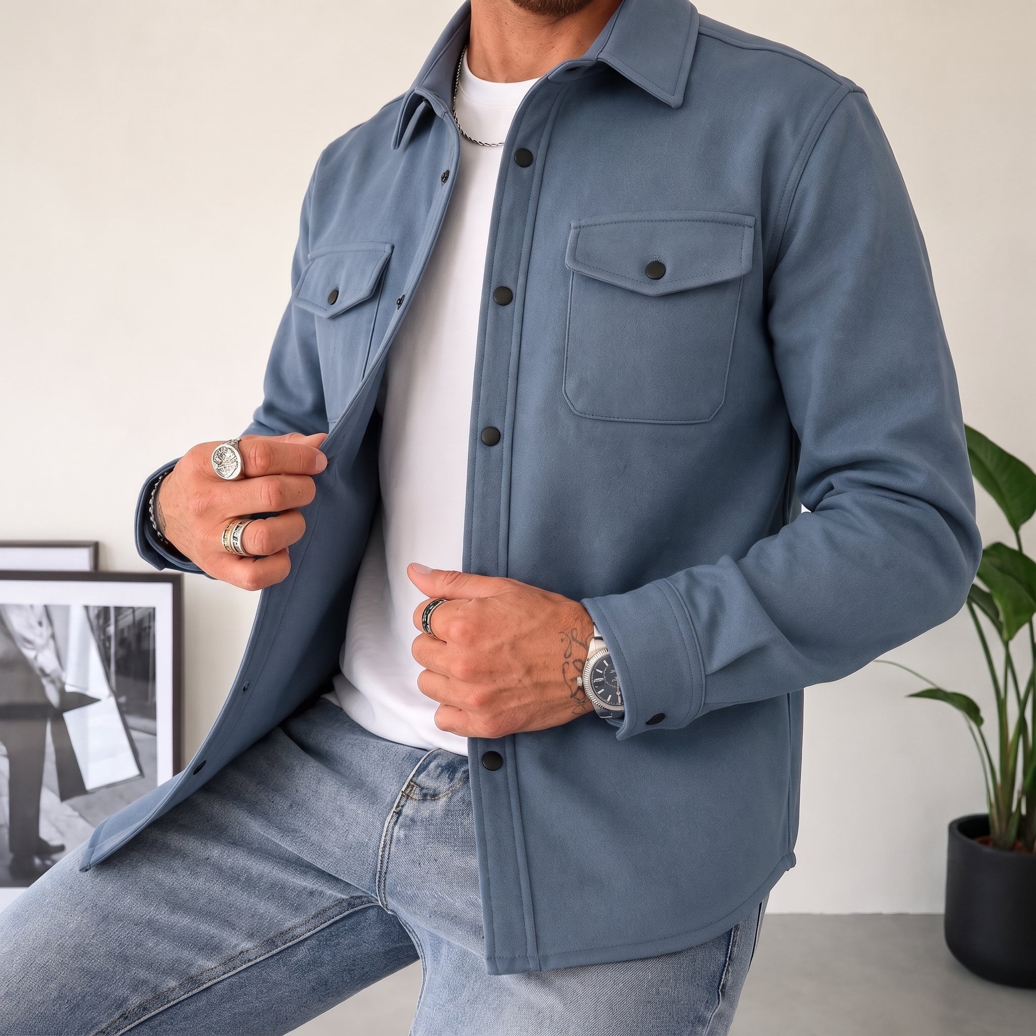 Friedrich - Men's Relaxed Fit Shirt Jacket with Dual Chest Pockets - Shirts - Blue - Taylor & Bennett