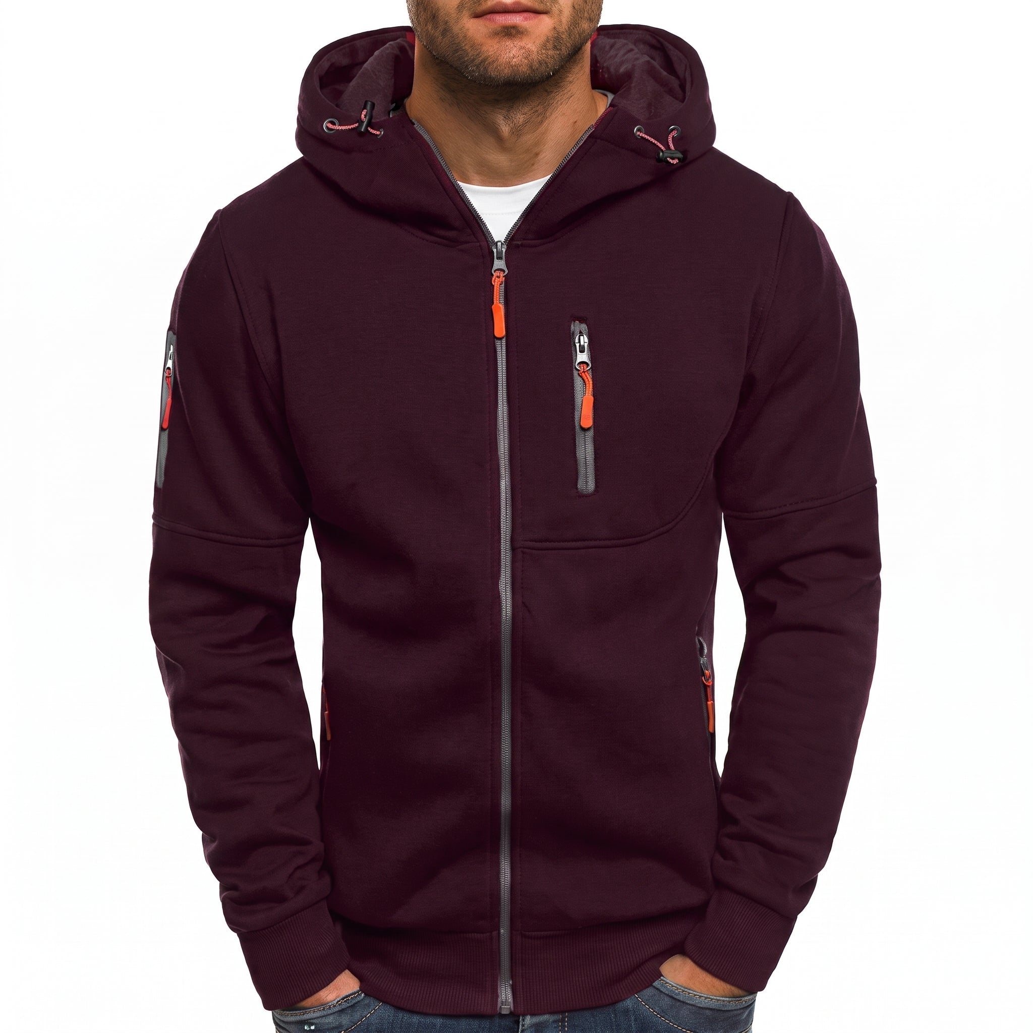 Friedrich - Men's Ribbed Cuff Multi-Pocket Contrast Zip Hoodie - Hoodies - Red - Taylor & Bennett