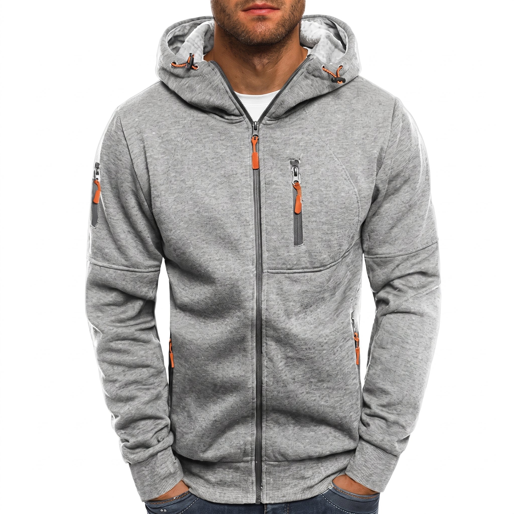 Friedrich - Men's Ribbed Cuff Multi-Pocket Contrast Zip Hoodie - Hoodies - Light Grey - Taylor & Bennett