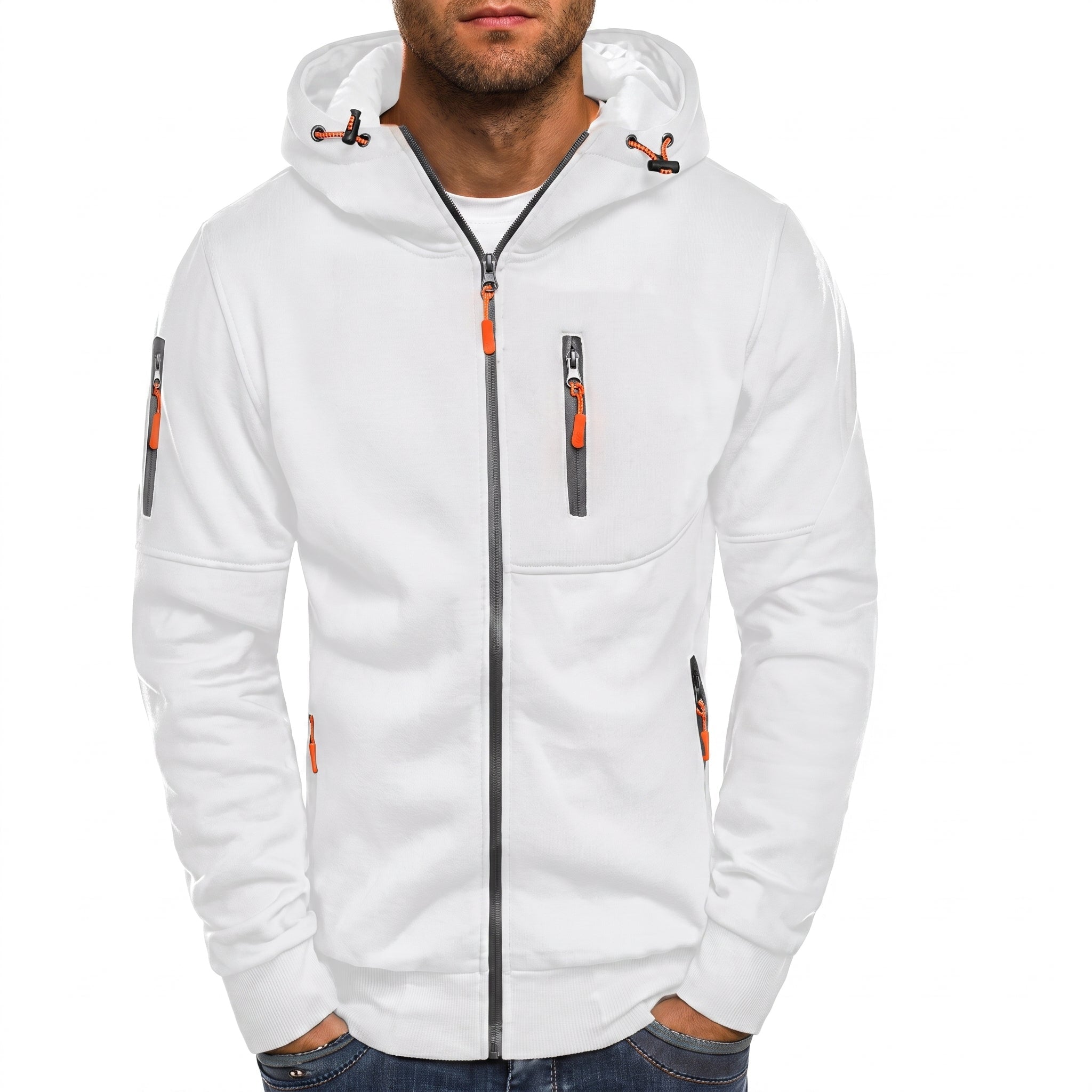 Friedrich - Men's Ribbed Cuff Multi-Pocket Contrast Zip Hoodie - Hoodies - White - Taylor & Bennett
