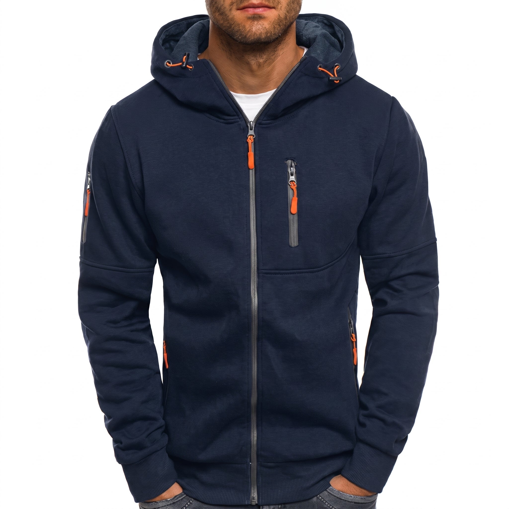 Friedrich - Men's Ribbed Cuff Multi-Pocket Contrast Zip Hoodie - Hoodies - Navy Blue - Taylor & Bennett