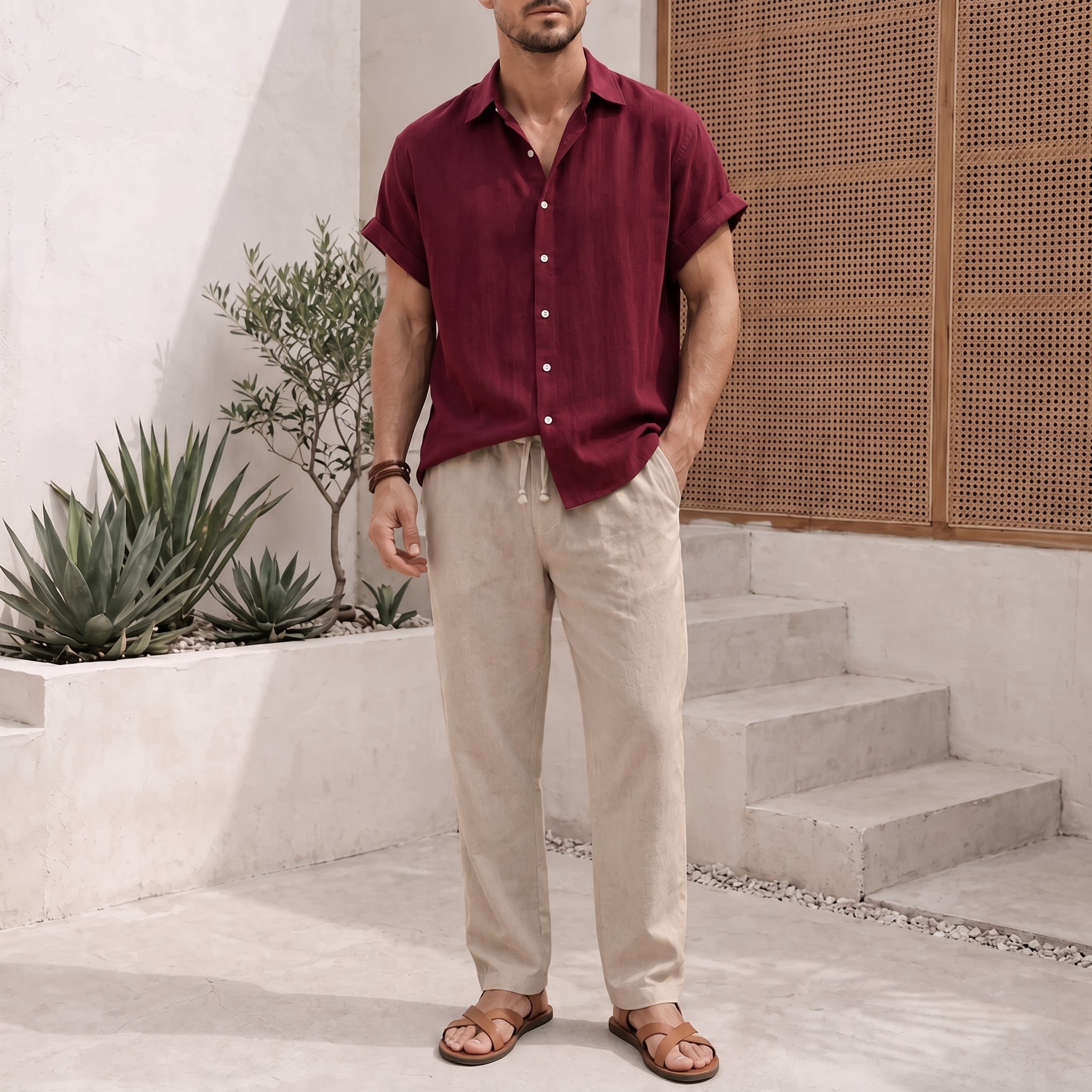 George - Men's Summer Point Collar Elasticated Waist Co-ord Set - Outfit Sets - Dark Red - Taylor & Bennett
