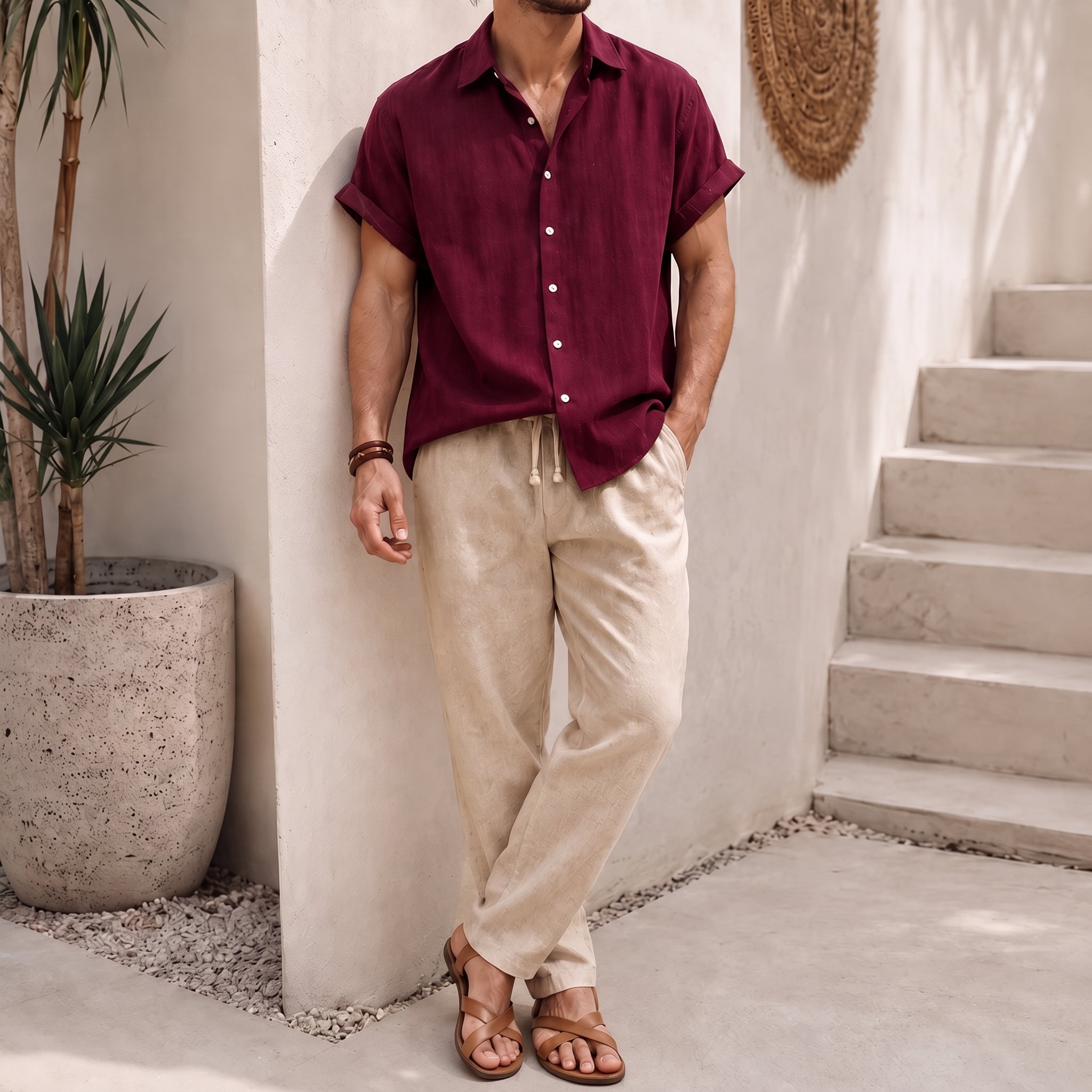 George - Men's Summer Point Collar Elasticated Waist Co-ord Set - Outfit Sets - Dark Red - Taylor & Bennett