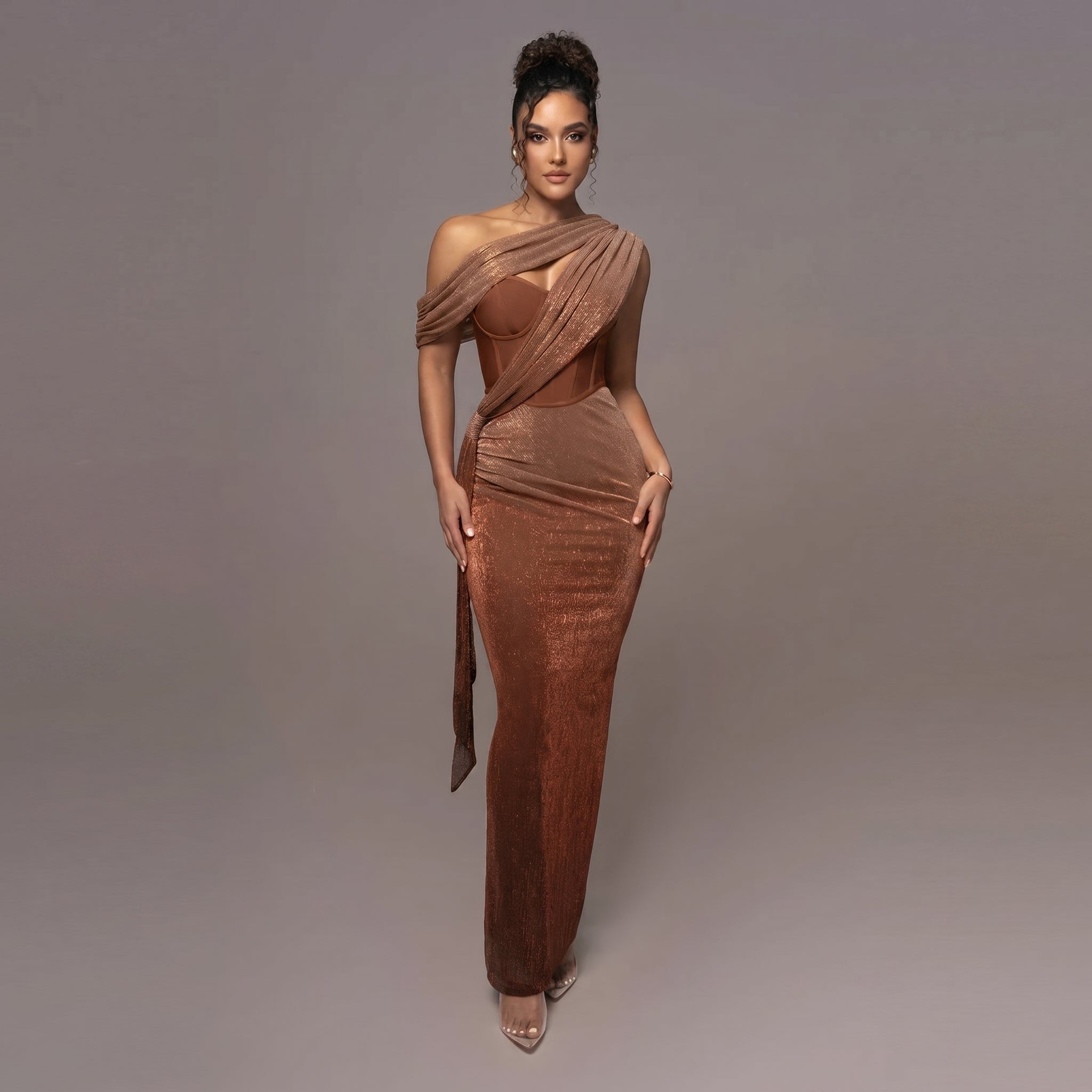 Georgia - Women's Evening One - Shoulder Midi Dress with Draped Cape - Midi Dress - Brown - Taylor & Bennett