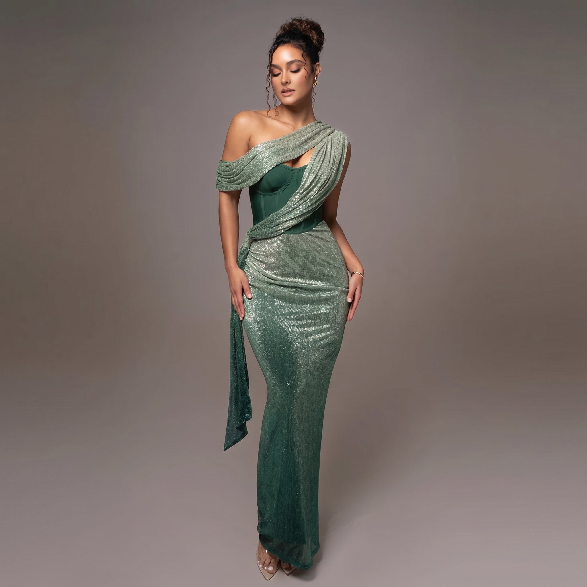 Georgia - Women's Evening One - Shoulder Midi Dress with Draped Cape - Midi Dress - Green - Taylor & Bennett