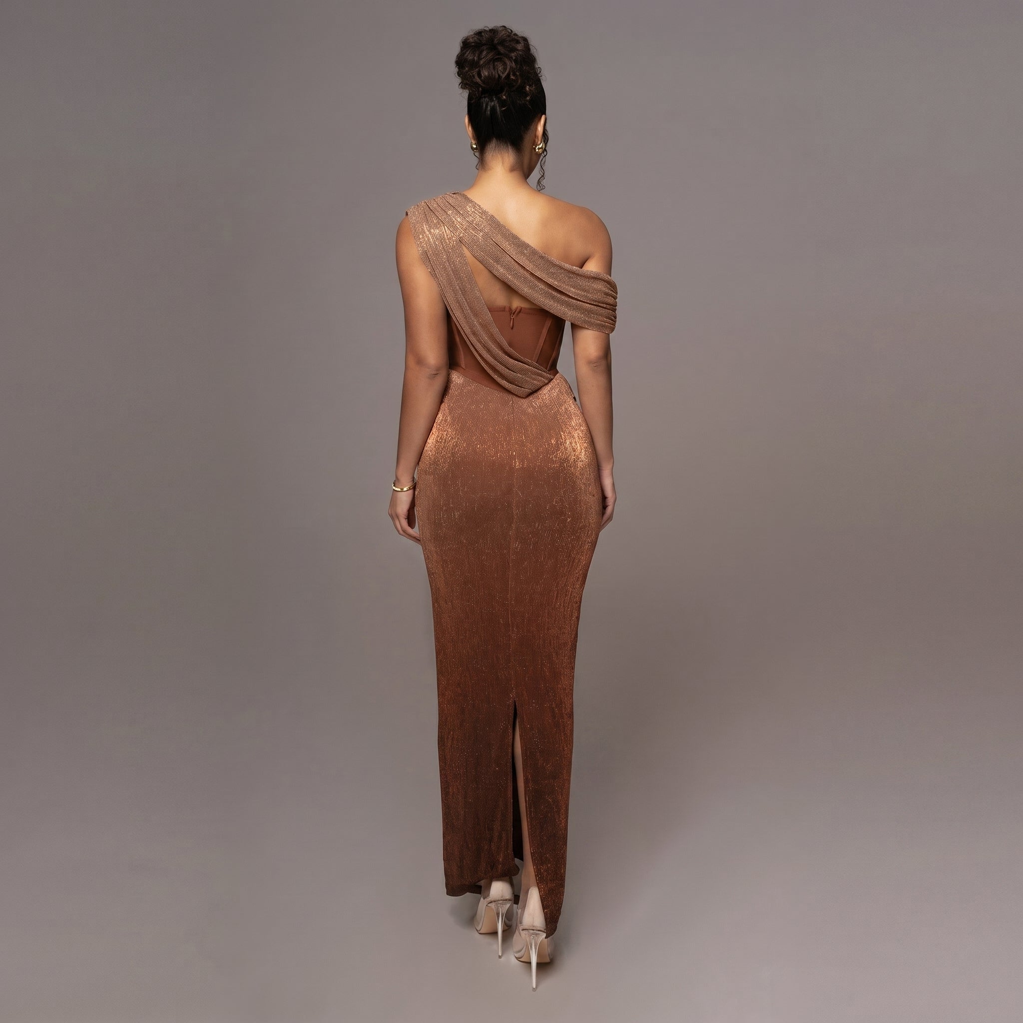 Georgia - Women's Evening One - Shoulder Midi Dress with Draped Cape - Midi Dress - Brown - Taylor & Bennett