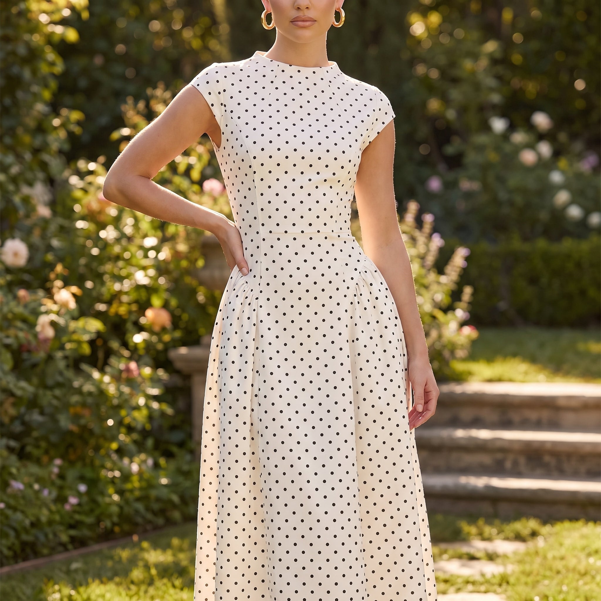Georgia - Women's Formal Polka Dot Cap Sleeve Midi Dress - Maxi Dress - White - Taylor & Bennett