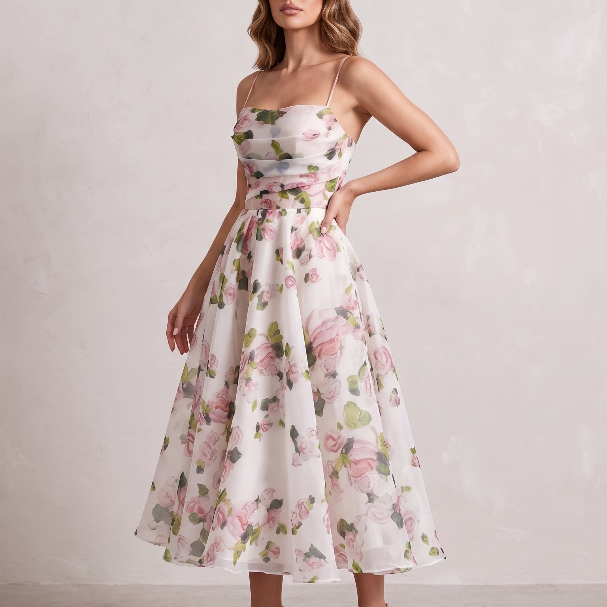 Georgia - Women's Party Floral Square Neck Midi Dress - Midi Dresses - Pink - Taylor & Bennett