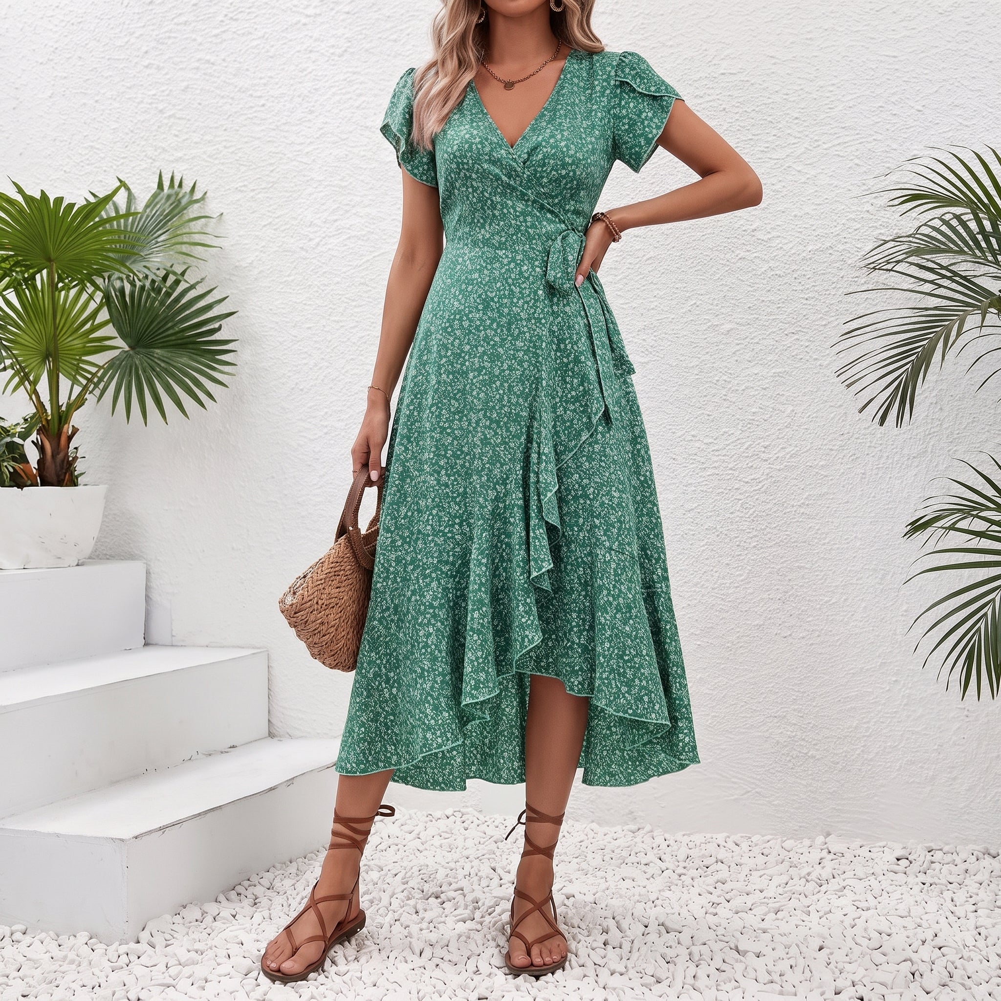 Georgia - Women's Summer Ditsy Polka Dots Ruffle Hem Midi Dress - Dresses - Green - Taylor & Bennett