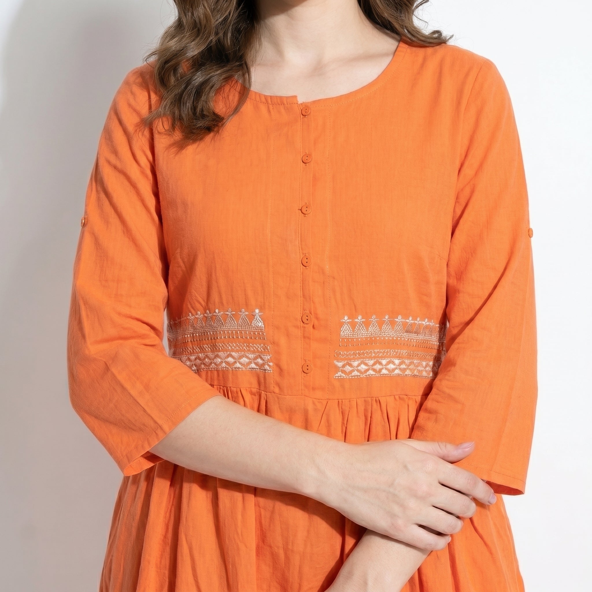 Georgia - Women's Summer Embroidered Button - Front Midi Dress - Midi Dress - Orange - Taylor & Bennett