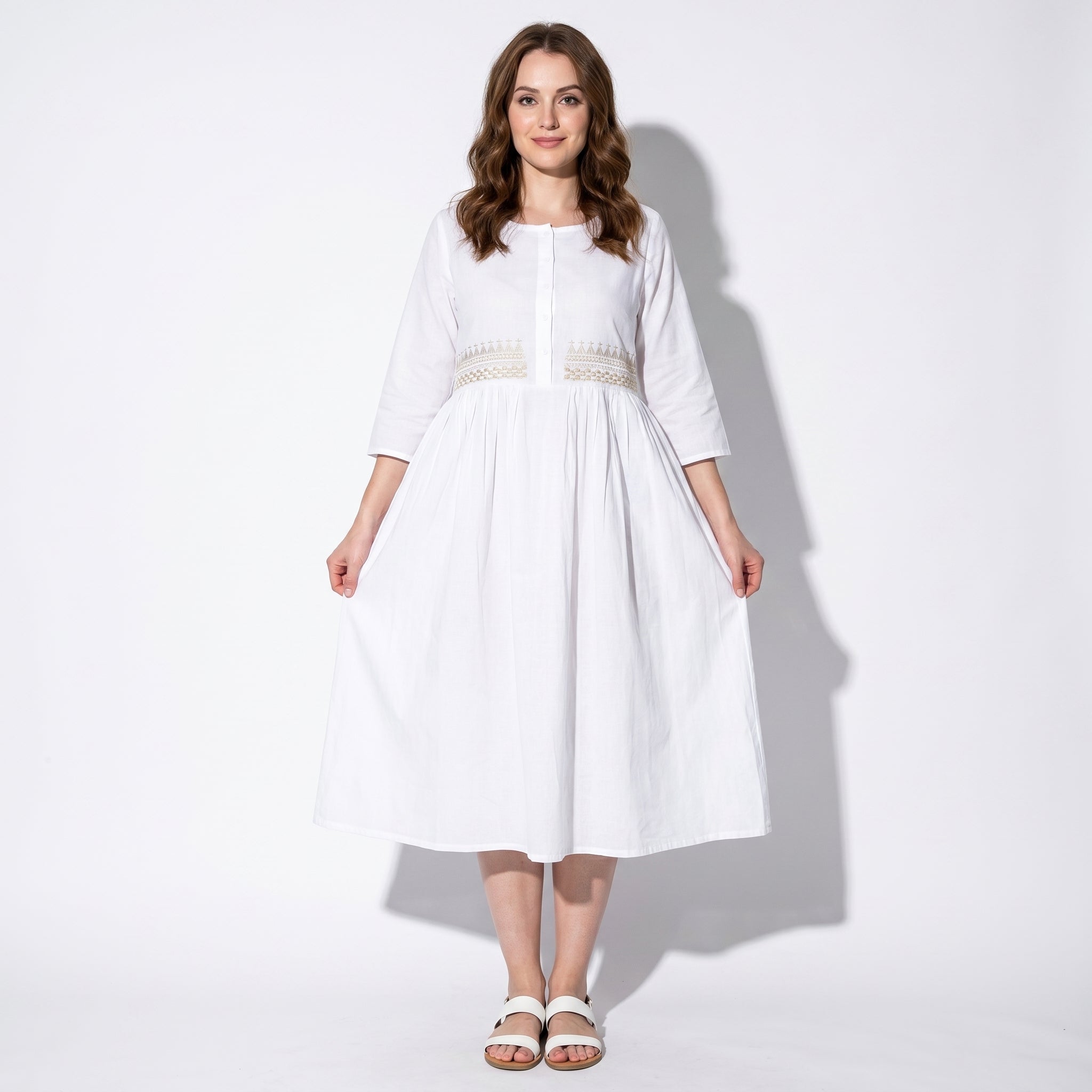 Georgia - Women's Summer Embroidered Button - Front Midi Dress - Midi Dress - White - Taylor & Bennett