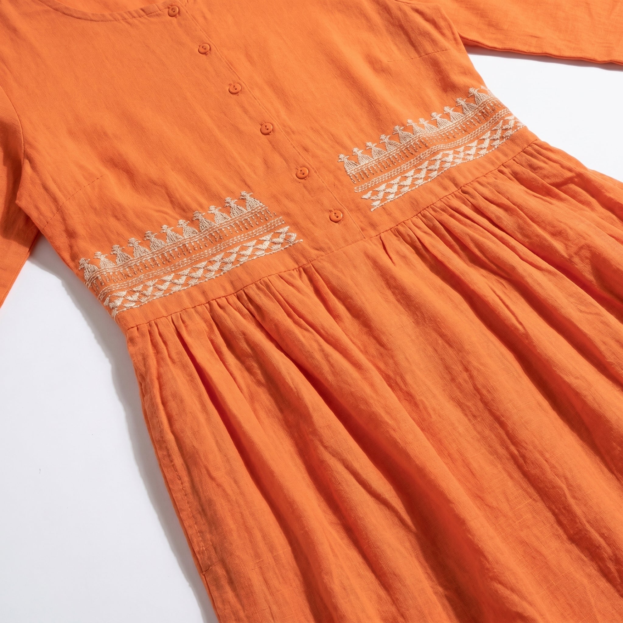 Georgia - Women's Summer Embroidered Button - Front Midi Dress - Midi Dress - Orange - Taylor & Bennett