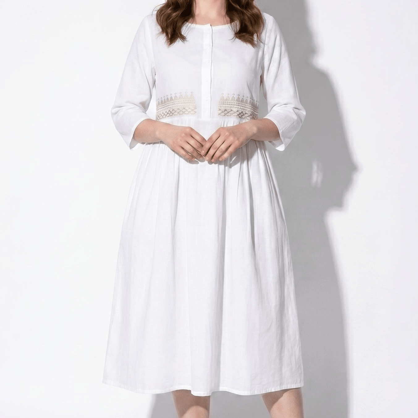 Georgia - Women's Summer Embroidered Button - Front Midi Dress - Midi Dress - White - Taylor & Bennett
