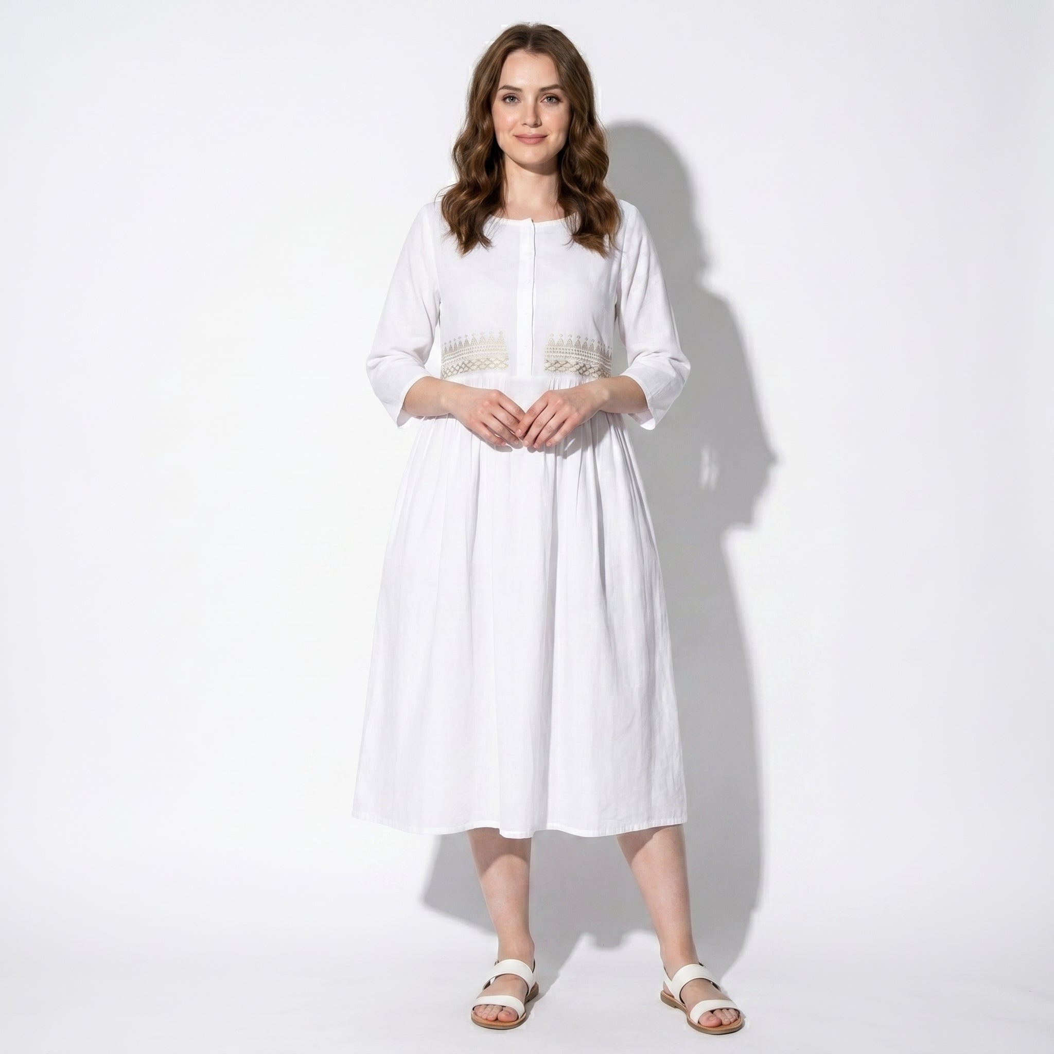 Georgia - Women's Summer Embroidered Button - Front Midi Dress - Midi Dress - White - Taylor & Bennett