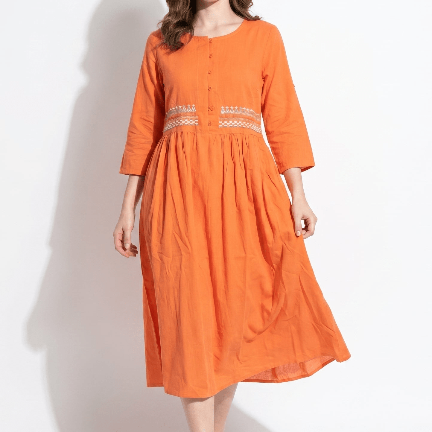 Georgia - Women's Summer Embroidered Button - Front Midi Dress - Midi Dress - Orange - Taylor & Bennett