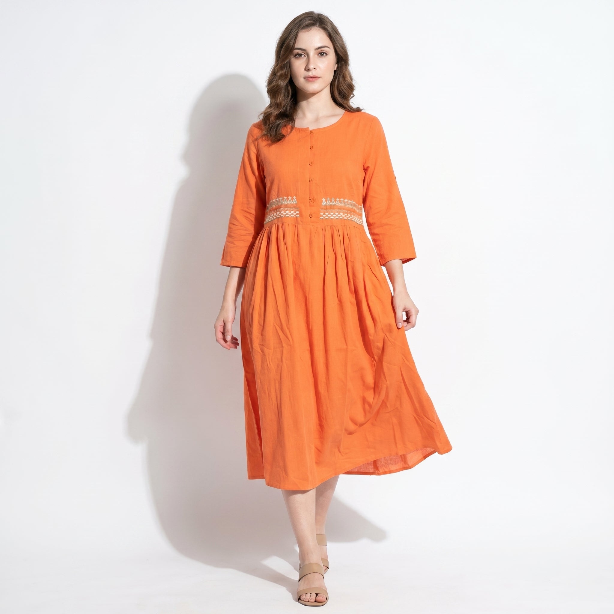 Georgia - Women's Summer Embroidered Button - Front Midi Dress - Midi Dress - White - Taylor & Bennett