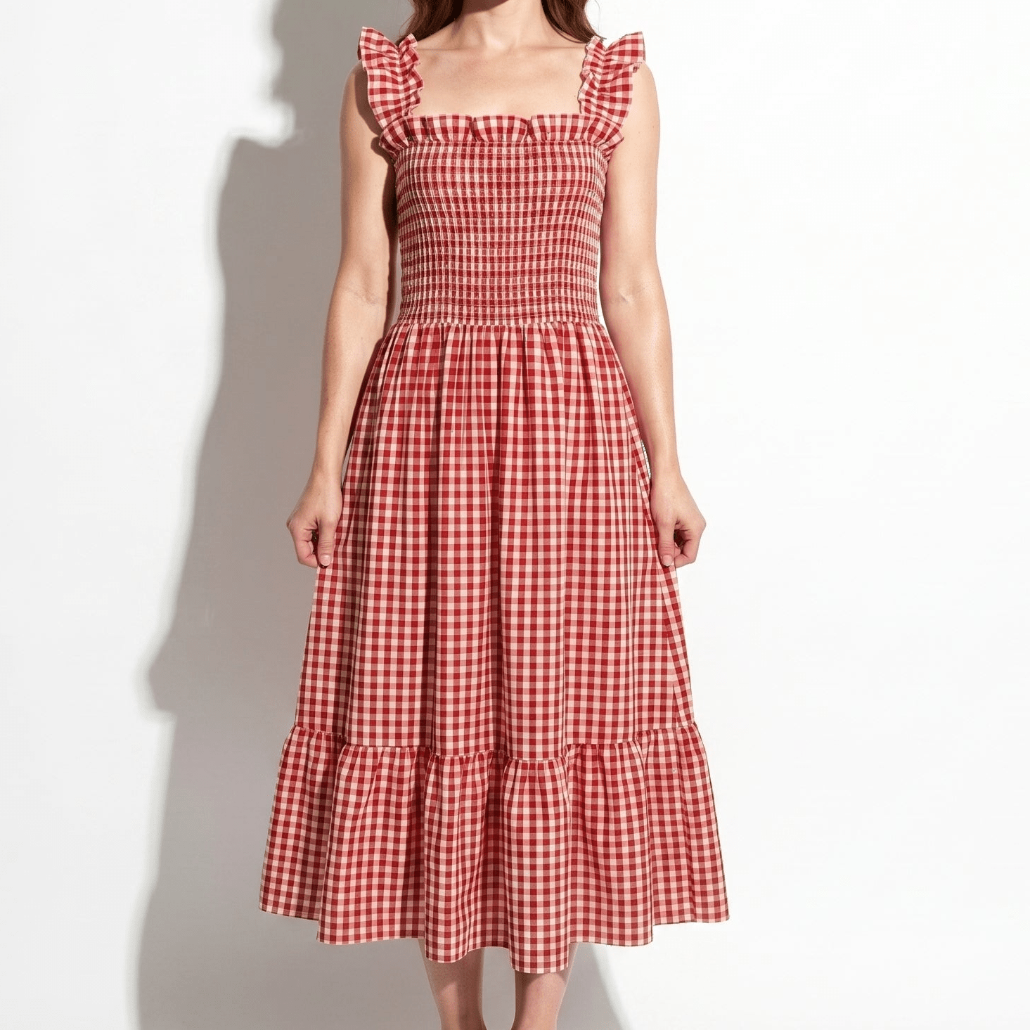 Georgia - Women's Summer Gingham Smocked Midi Dress - Maxi Dress - Red - Taylor & Bennett