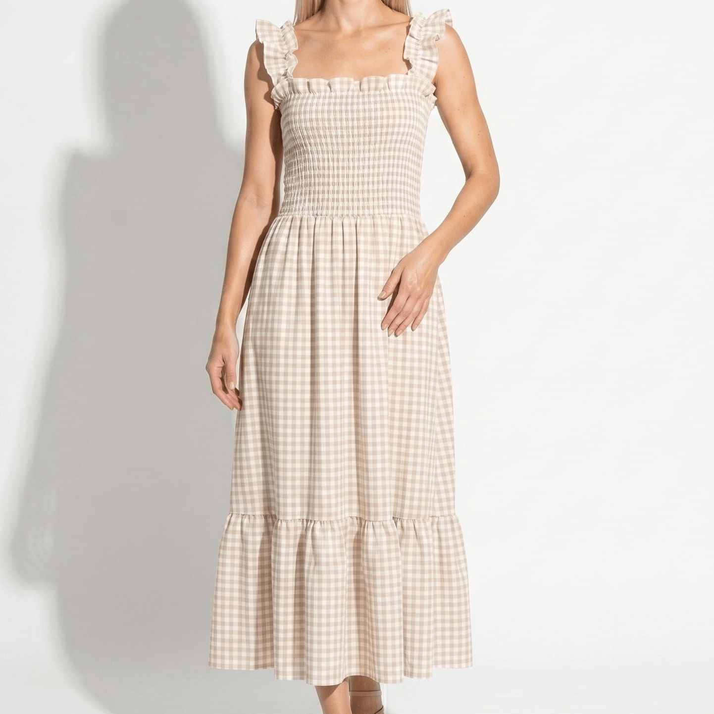 Georgia - Women's Summer Gingham Smocked Midi Dress - Maxi Dress - Beige - Taylor & Bennett