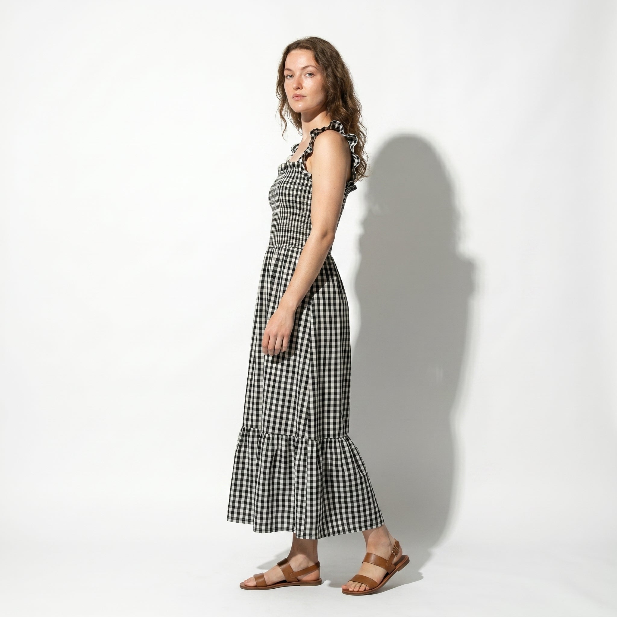 Georgia - Women's Summer Gingham Smocked Midi Dress - Maxi Dress - Black - Taylor & Bennett