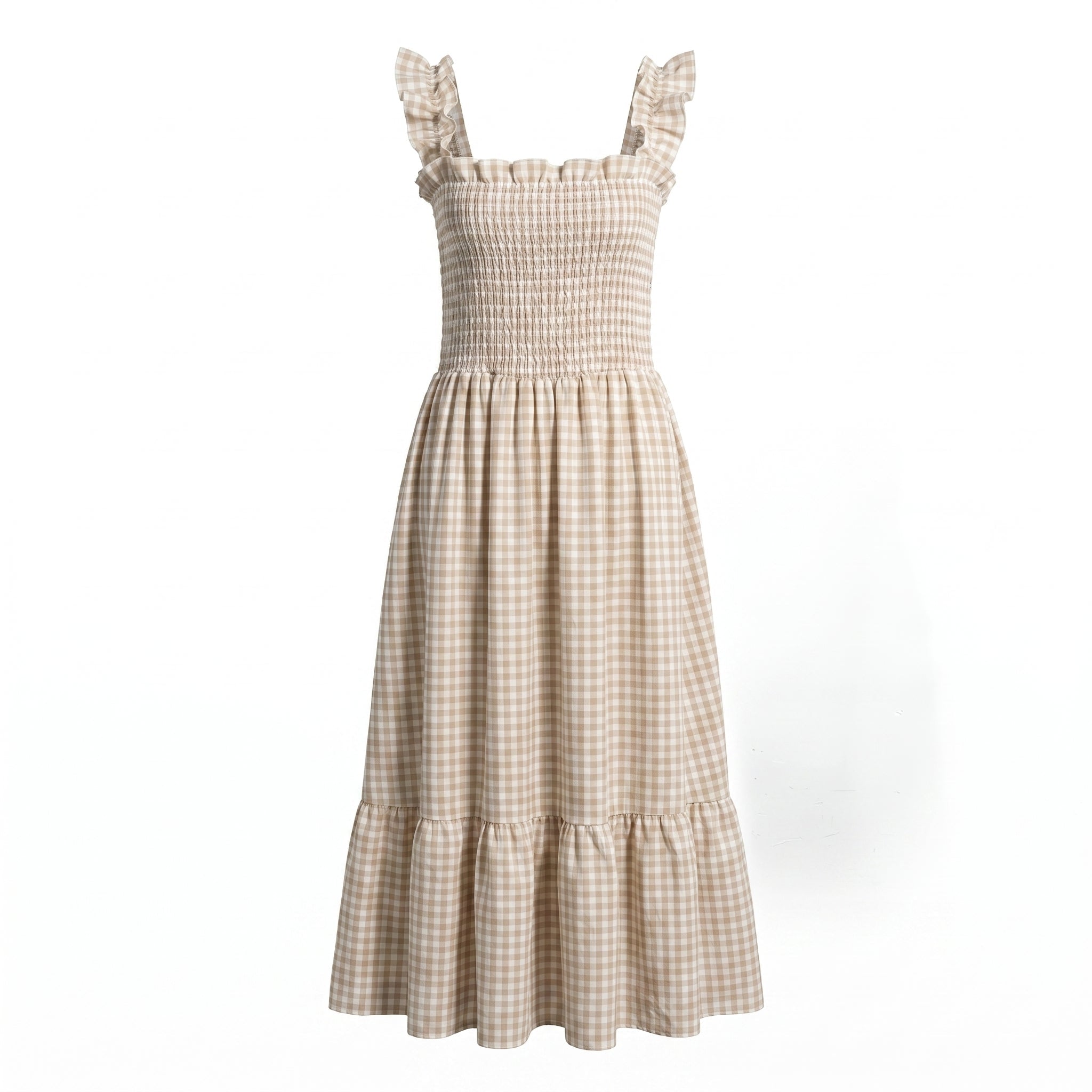 Georgia - Women's Summer Gingham Smocked Midi Dress - Maxi Dress - Beige - Taylor & Bennett