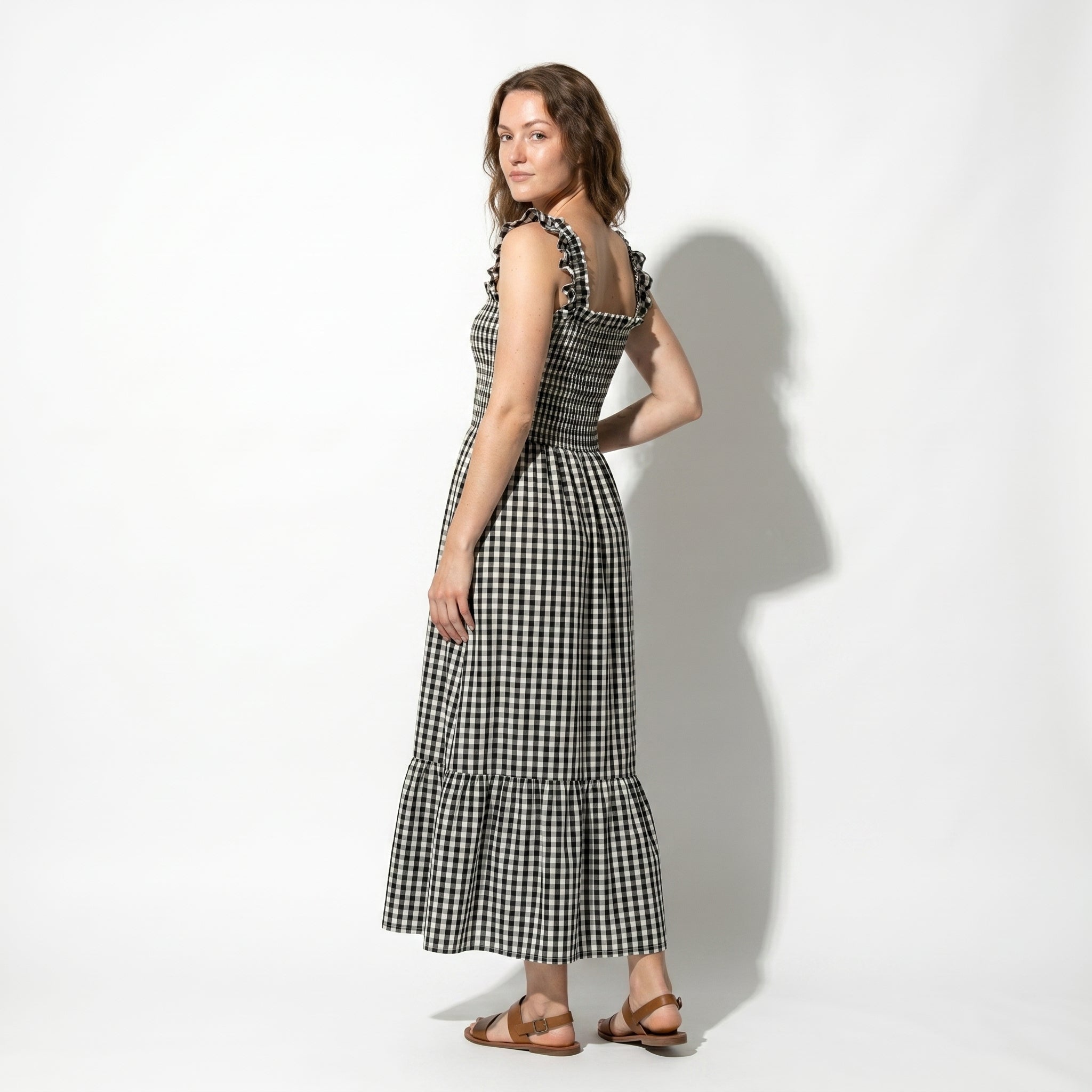 Georgia - Women's Summer Gingham Smocked Midi Dress - Maxi Dress - Black - Taylor & Bennett