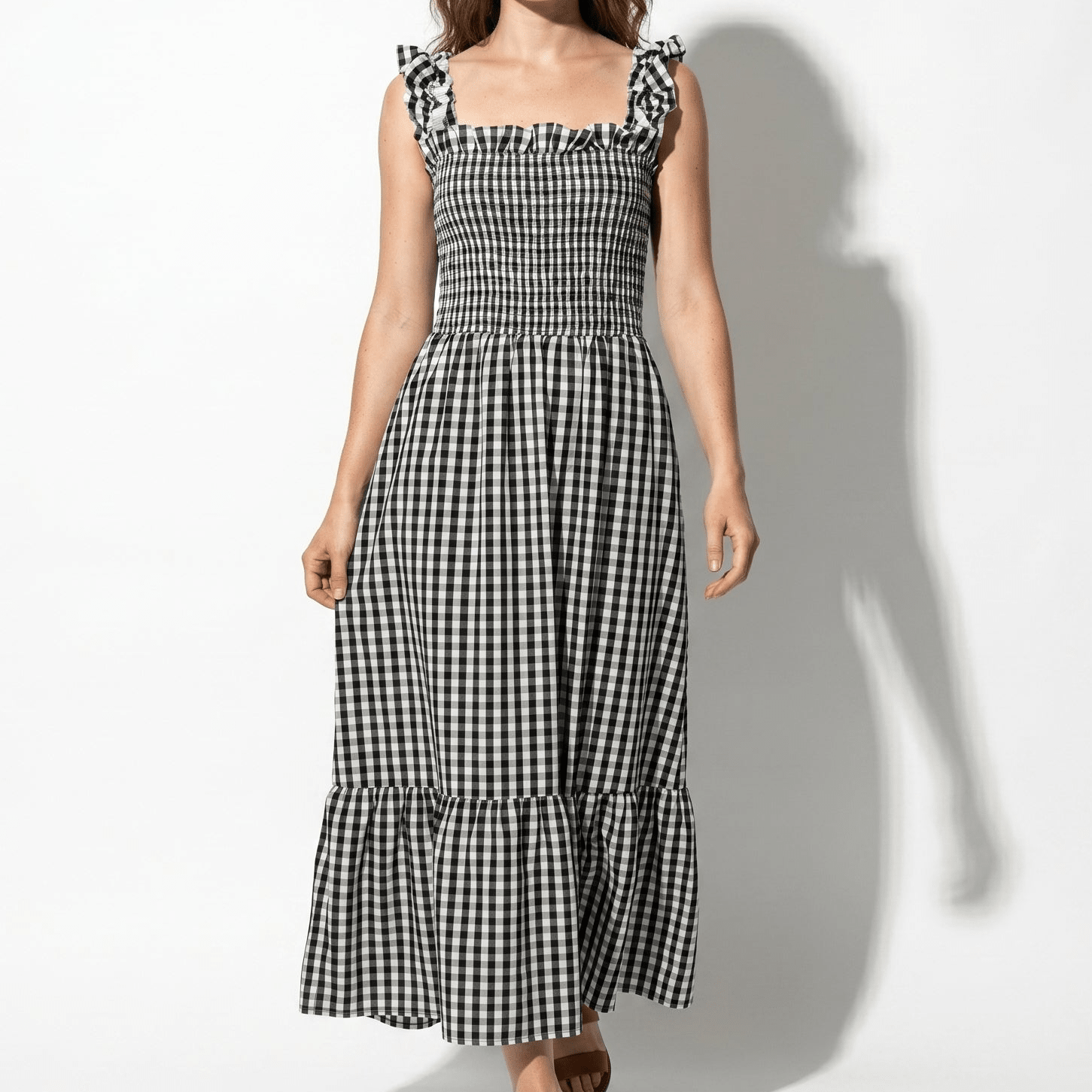 Georgia - Women's Summer Gingham Smocked Midi Dress - Maxi Dress - Black - Taylor & Bennett