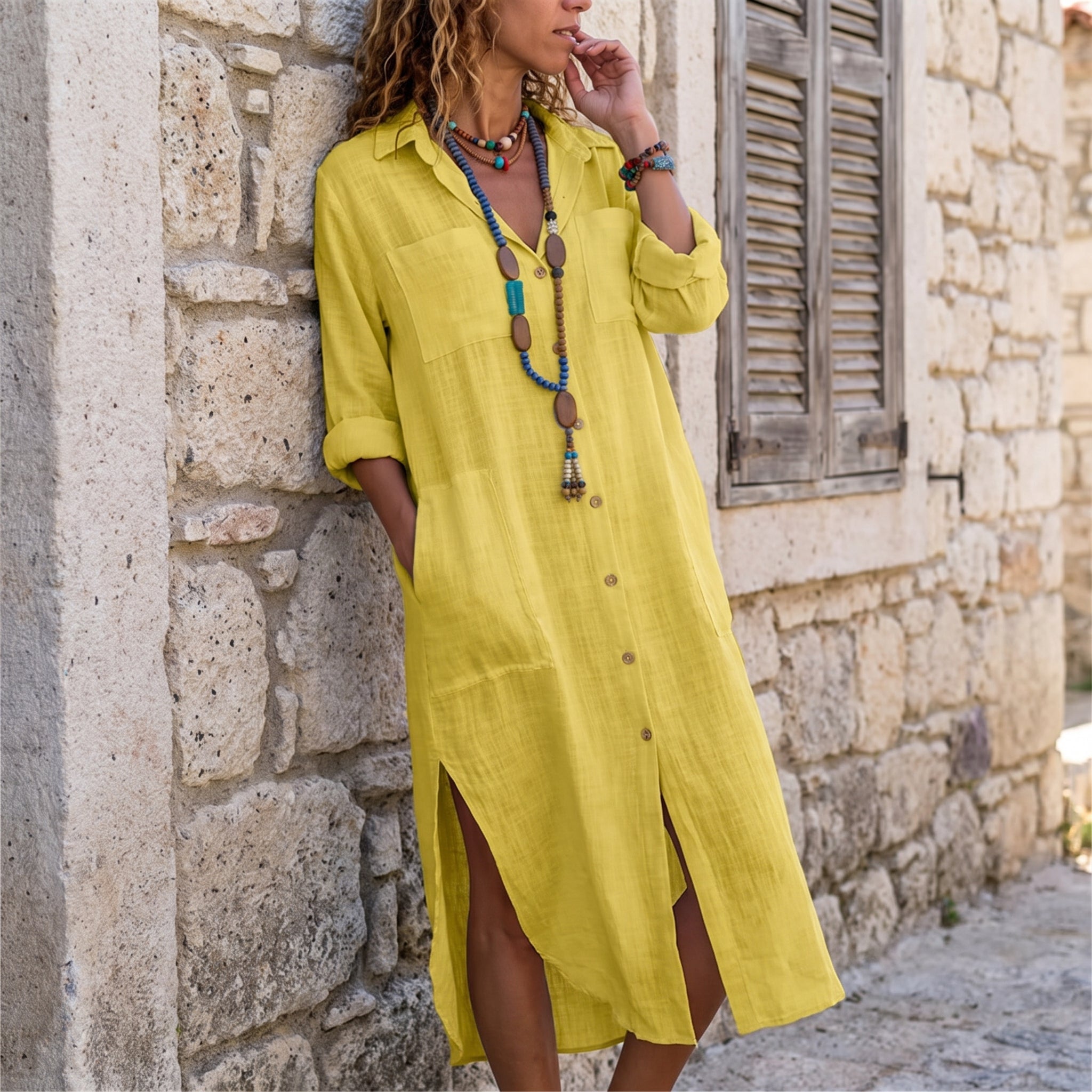 Georgia - Women's Summer Oversized Maxi Shirt Dress - Dresses - Yellow - Taylor & Bennett