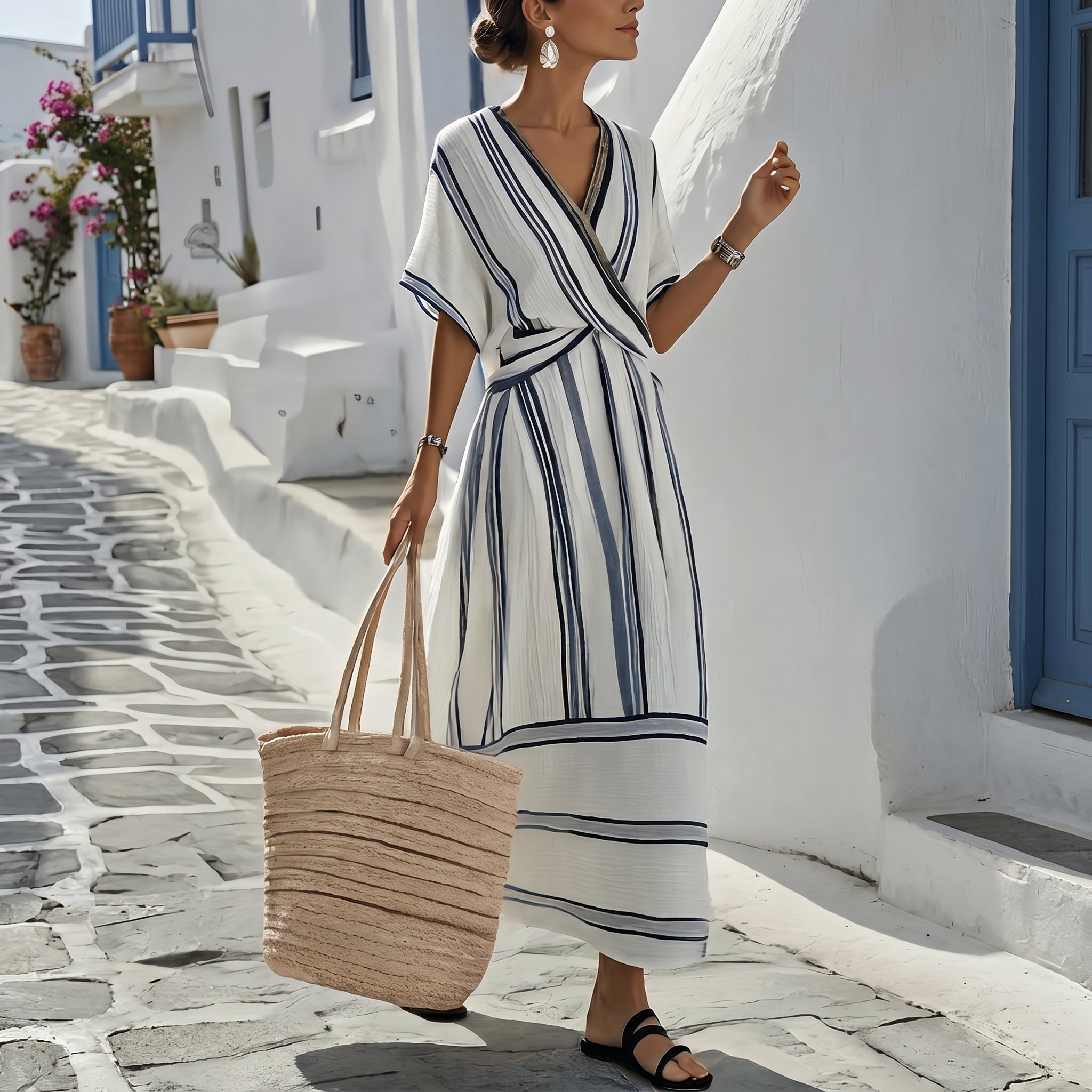Georgia - Women's Summer Striped Wrap Maxi Dress - Maxi Dress - White - Taylor & Bennett