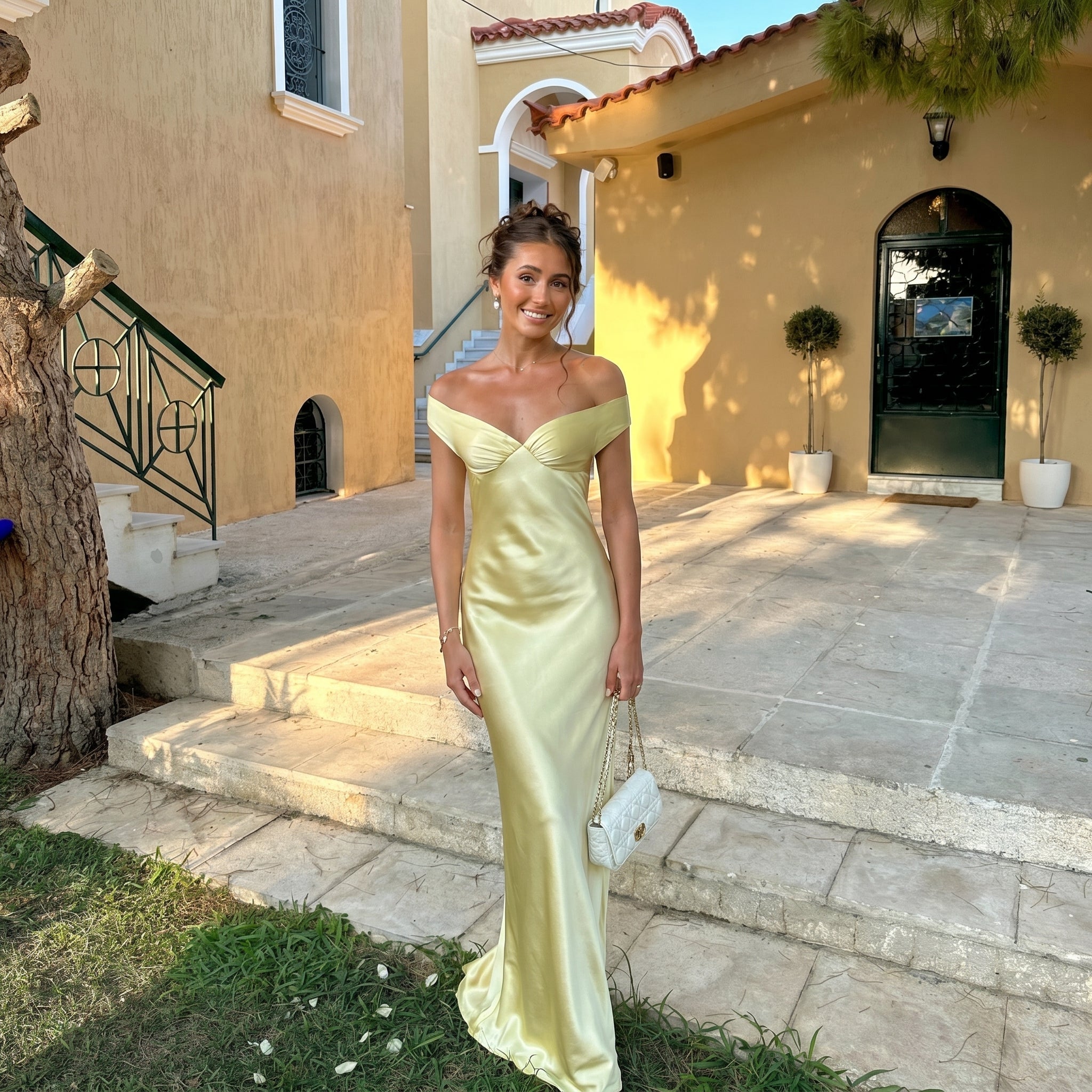 Georgia - Women's Wedding Guest Off - Shoulder Ruched Maxi Dress - Maxi Dress - Yellow - Taylor & Bennett