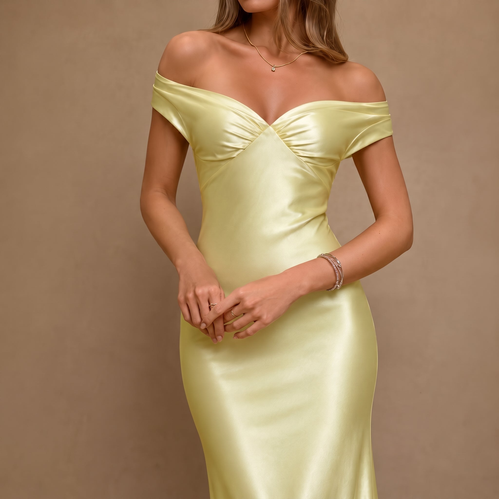 Georgia - Women's Wedding Guest Off-Shoulder Ruched Maxi Dress - Maxi Dress - Yellow - Taylor & Bennett