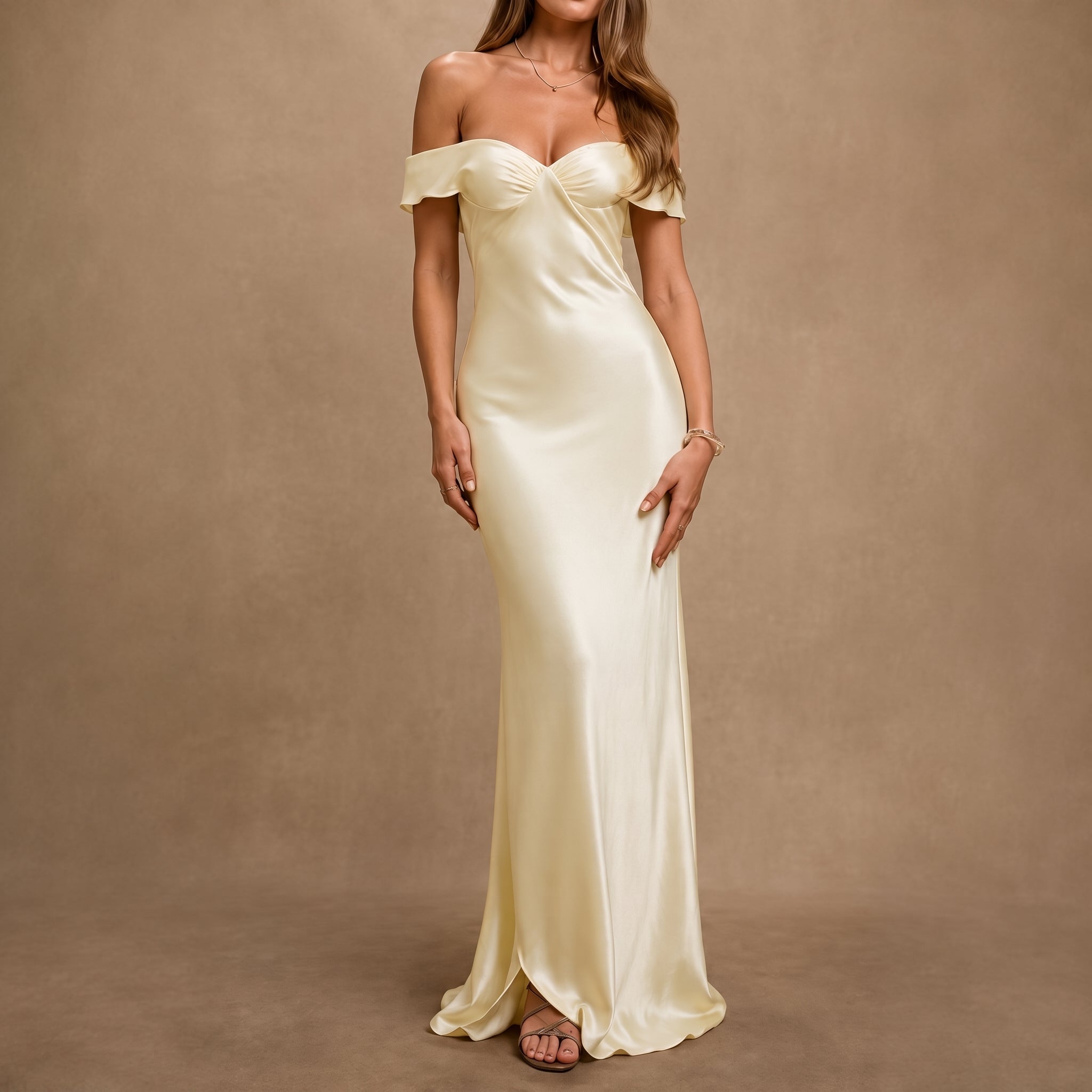 Georgia - Women's Wedding Guest Off-Shoulder Ruched Maxi Dress - Maxi Dress - Yellow - Taylor & Bennett