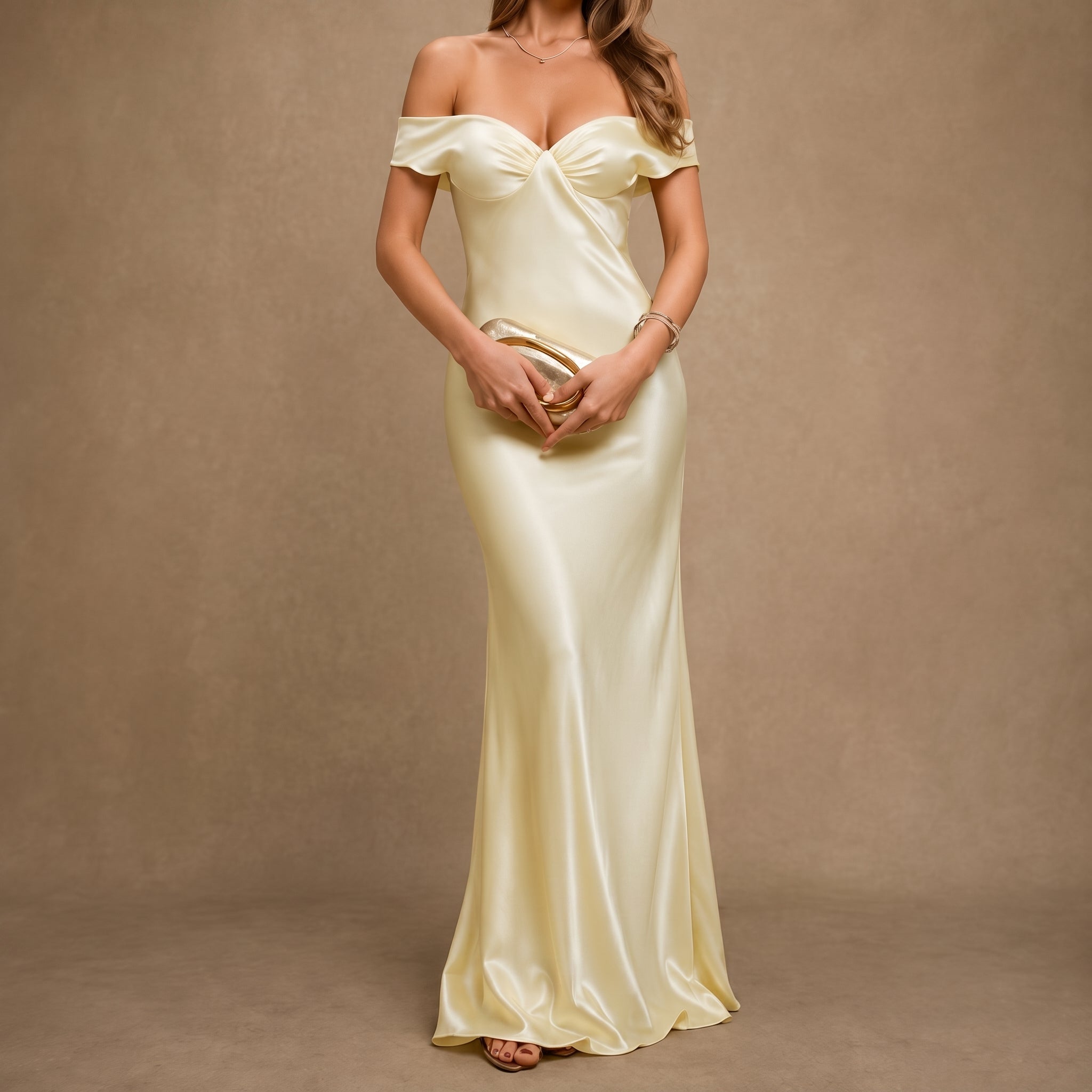 Georgia - Women's Wedding Guest Off-Shoulder Ruched Maxi Dress - Maxi Dress - Yellow - Taylor & Bennett