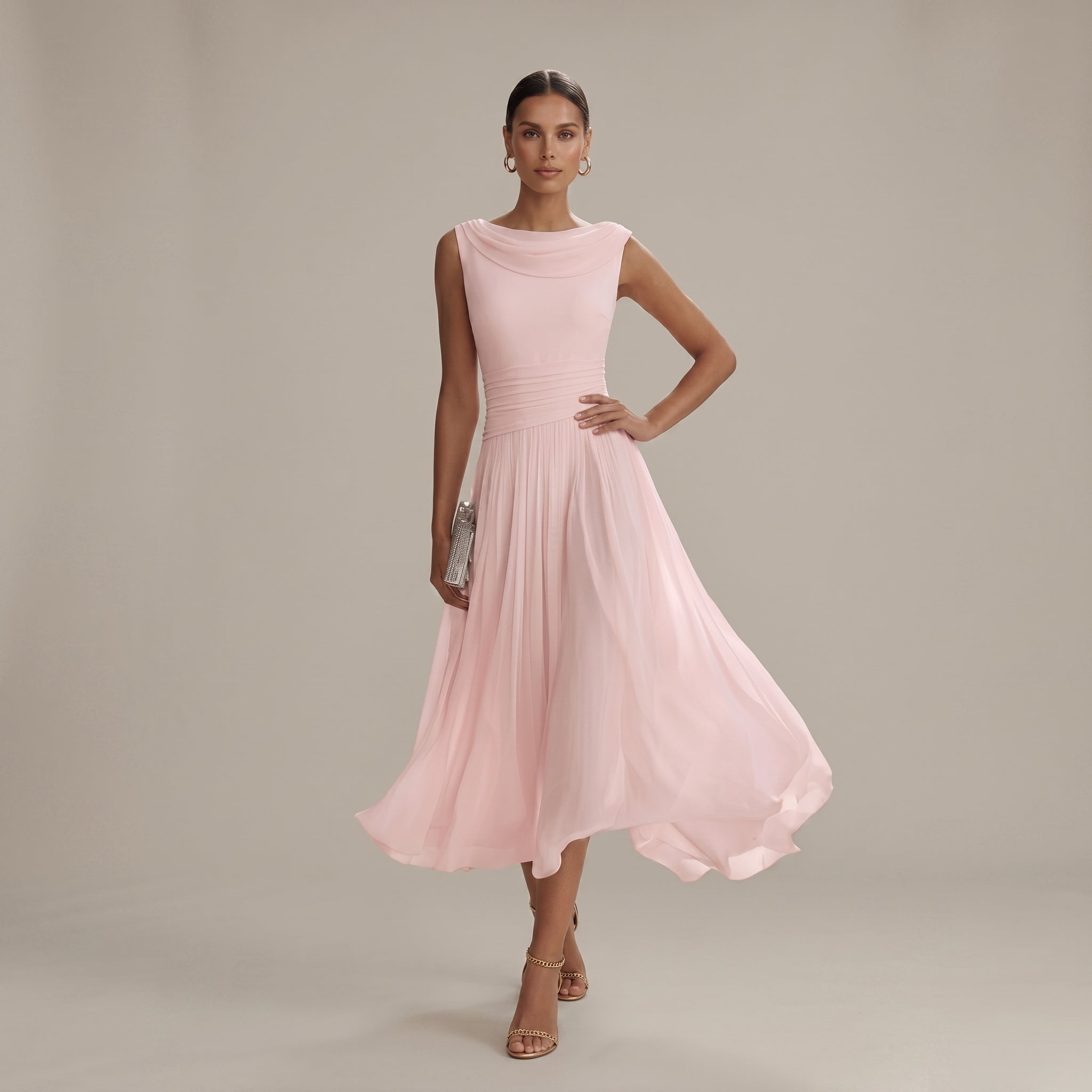 Georgia - Women's Wedding Guest Pleated Midi Dress - Midi Dress - Pink - Taylor & Bennett