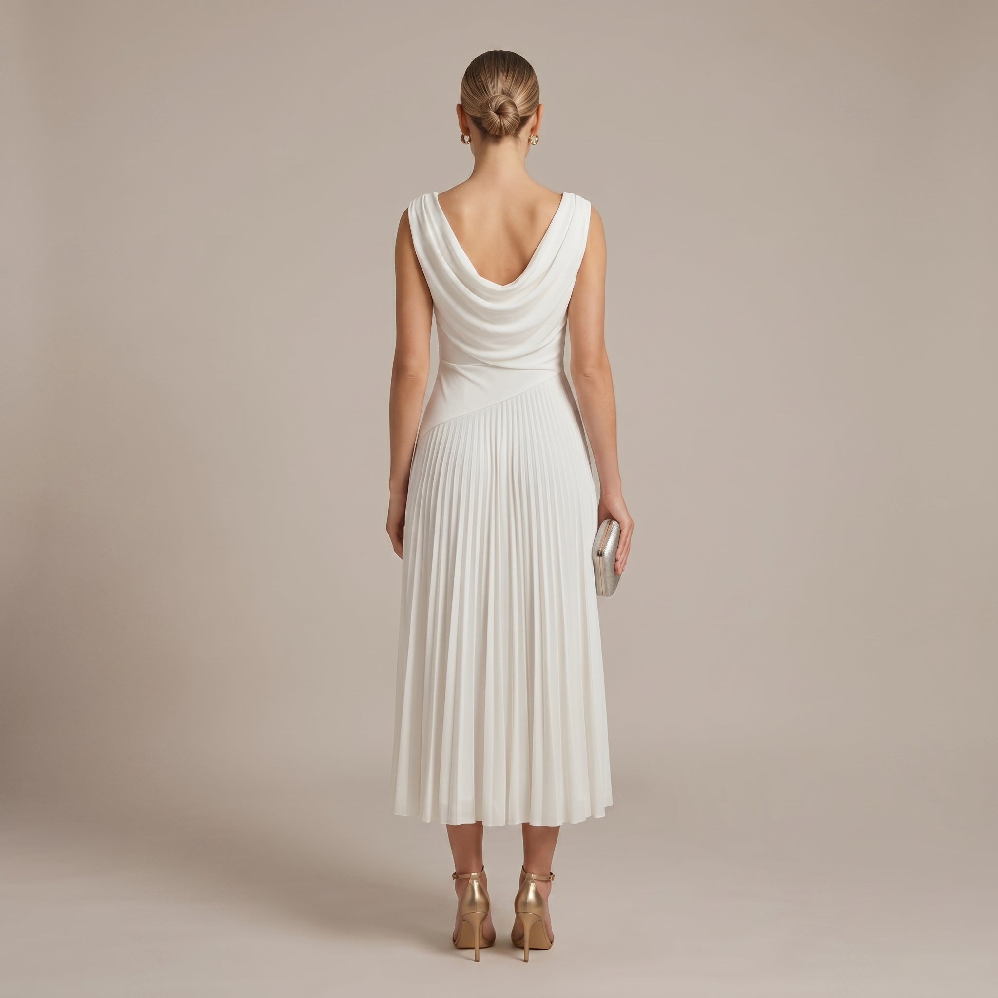 Georgia - Women's Wedding Guest Pleated Midi Dress - Midi Dress - White - Taylor & Bennett