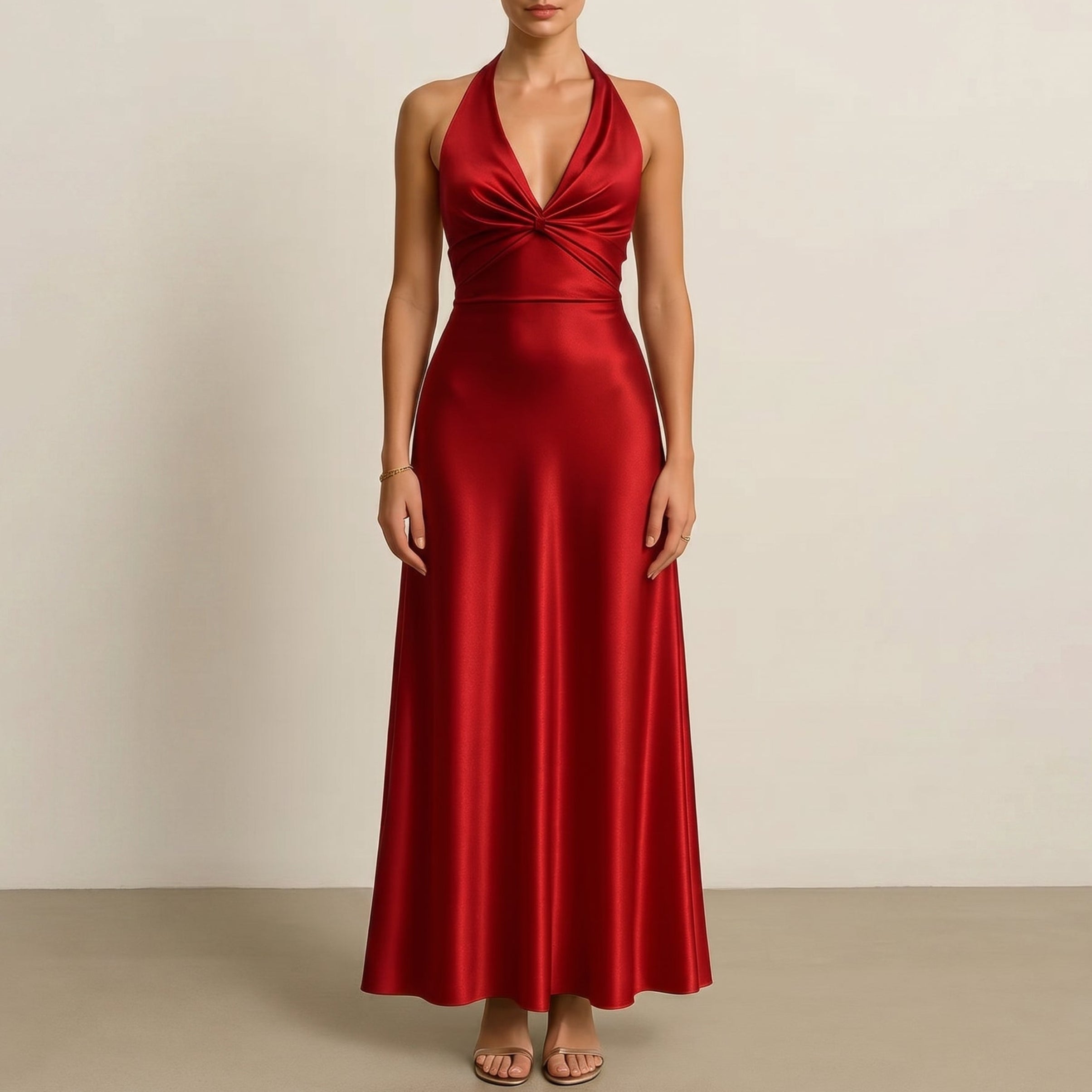 Georgia - Women's Wedding Guest V - Neck Maxi Dress with Bow Back - Maxi Dress - Red - Taylor & Bennett