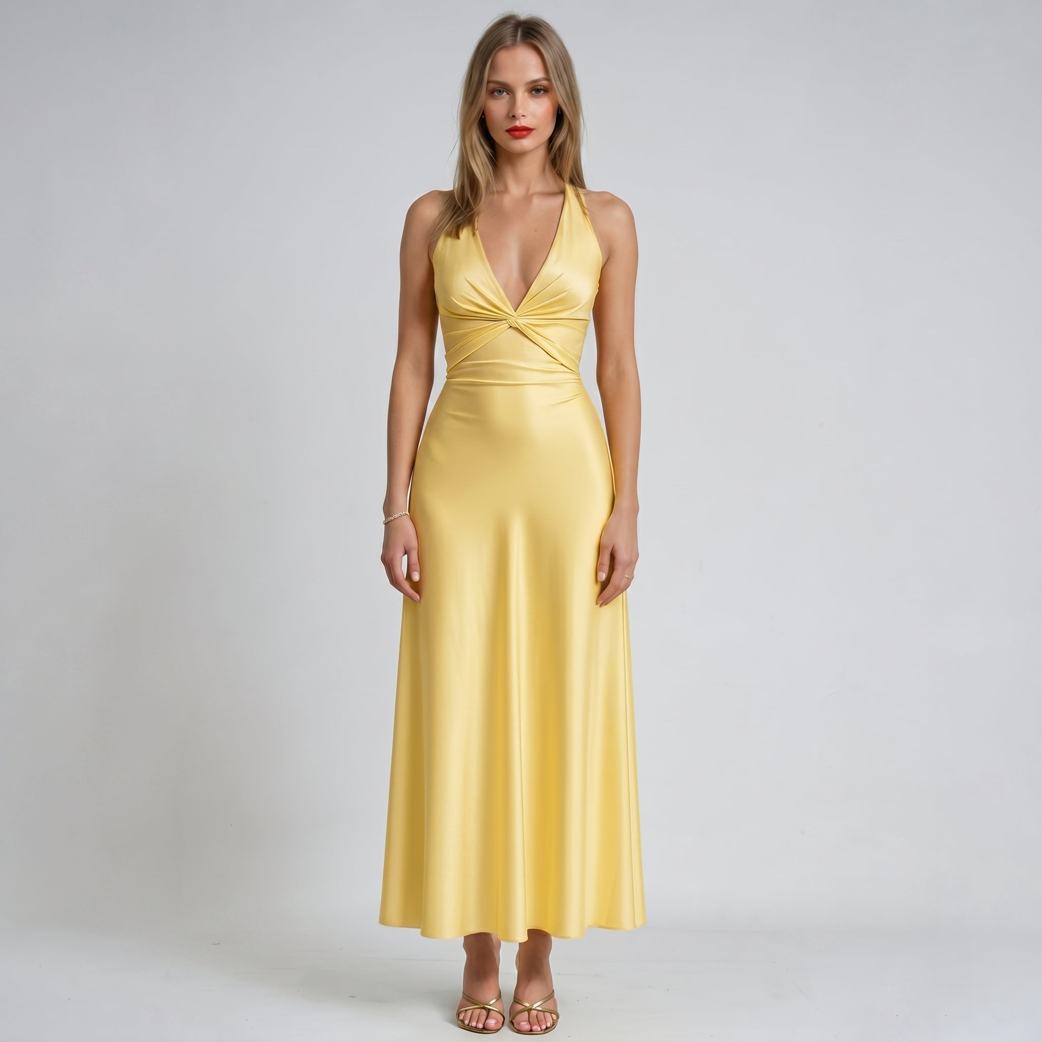 Georgia - Women's Wedding Guest V - Neck Maxi Dress with Bow Back - Maxi Dress - Yellow - Taylor & Bennett