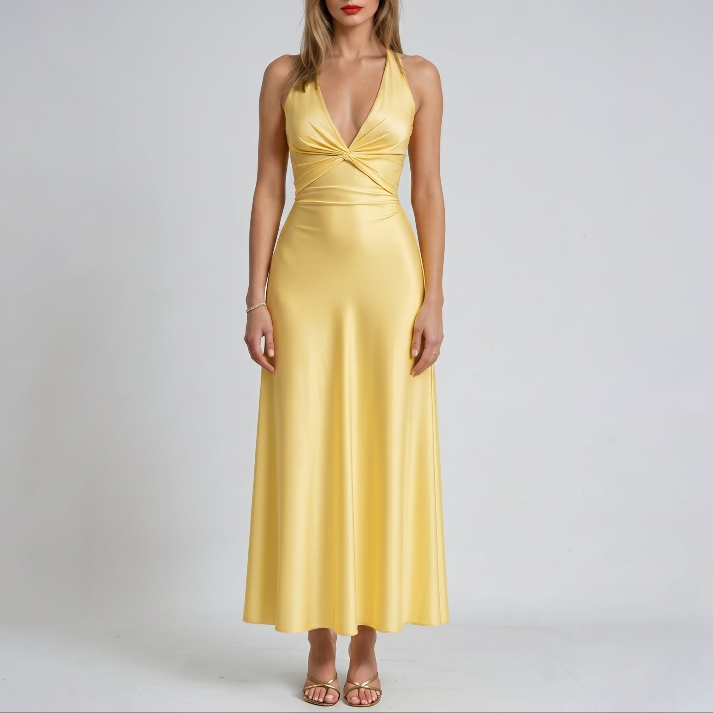 Georgia - Women's Wedding Guest V - Neck Maxi Dress with Bow Back - Maxi Dress - Yellow - Taylor & Bennett