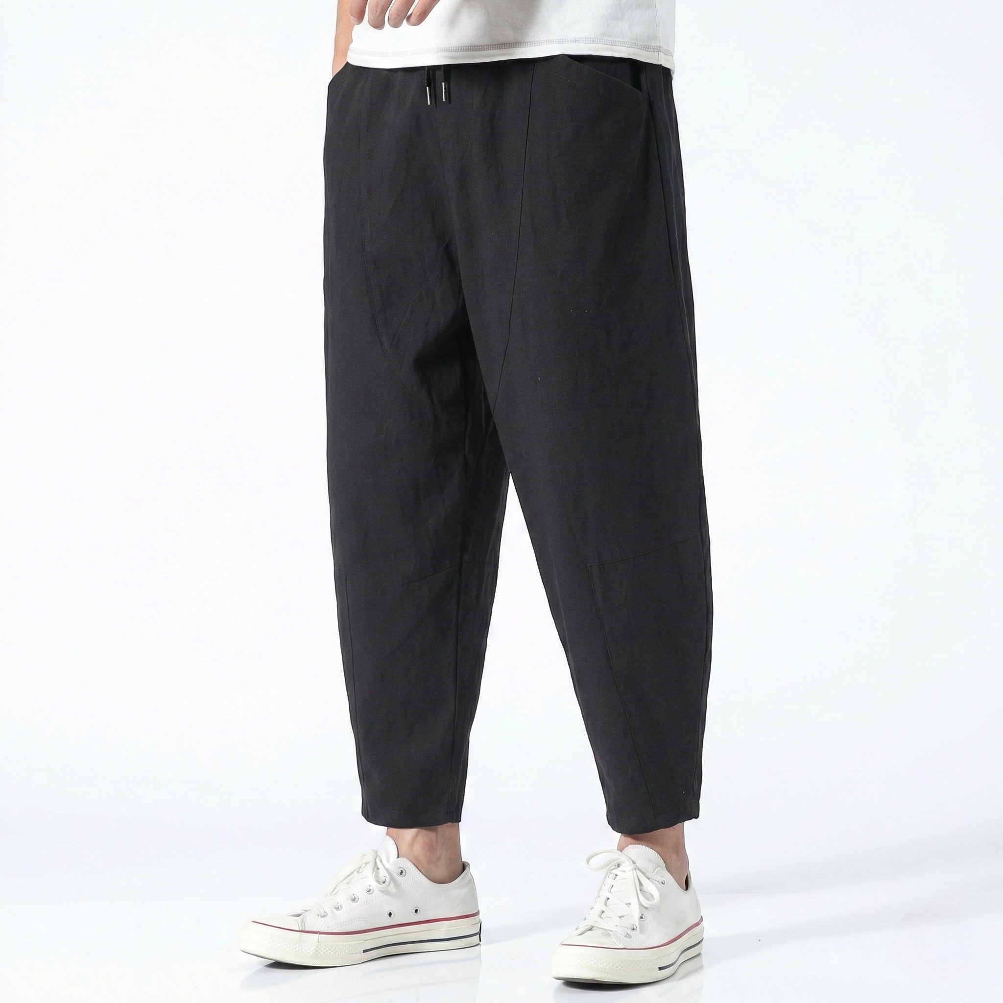 Gerald - Men's Cropped Relaxed Loose Trousers - Pants - Black - Taylor & Bennett