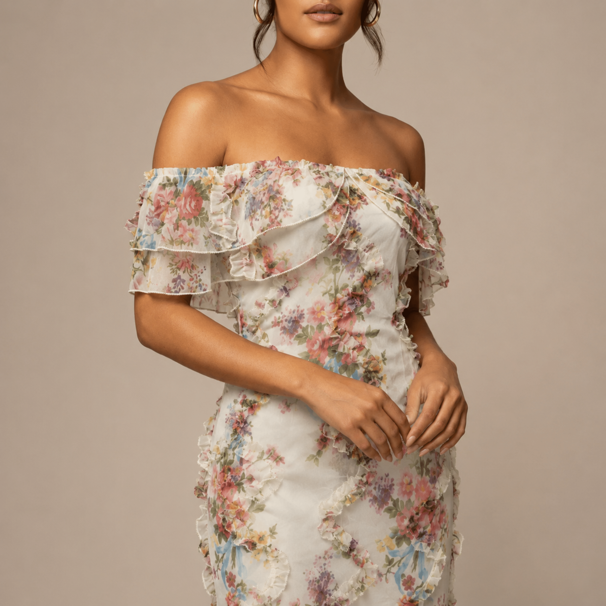Gisela - Women's Off-Shoulder Vintage Floral Chiffon Maxi Dress - Maxi Dresses - White - Taylor & Bennett