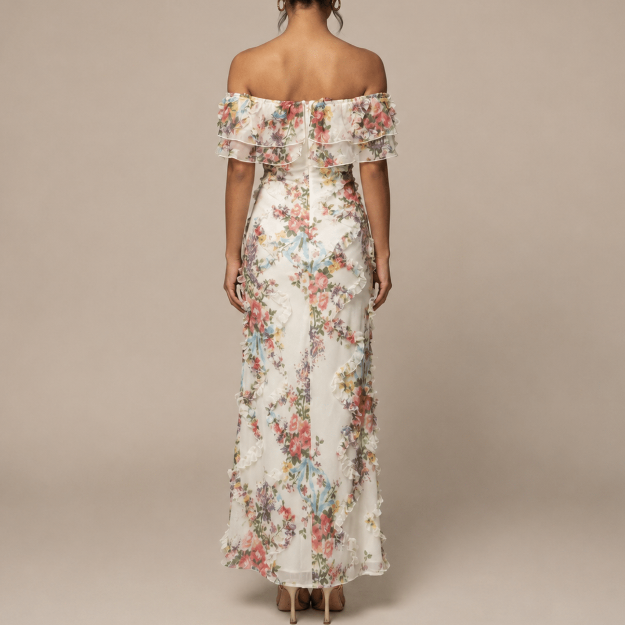 Gisela - Women's Off-Shoulder Vintage Floral Chiffon Maxi Dress - Maxi Dresses - White - Taylor & Bennett