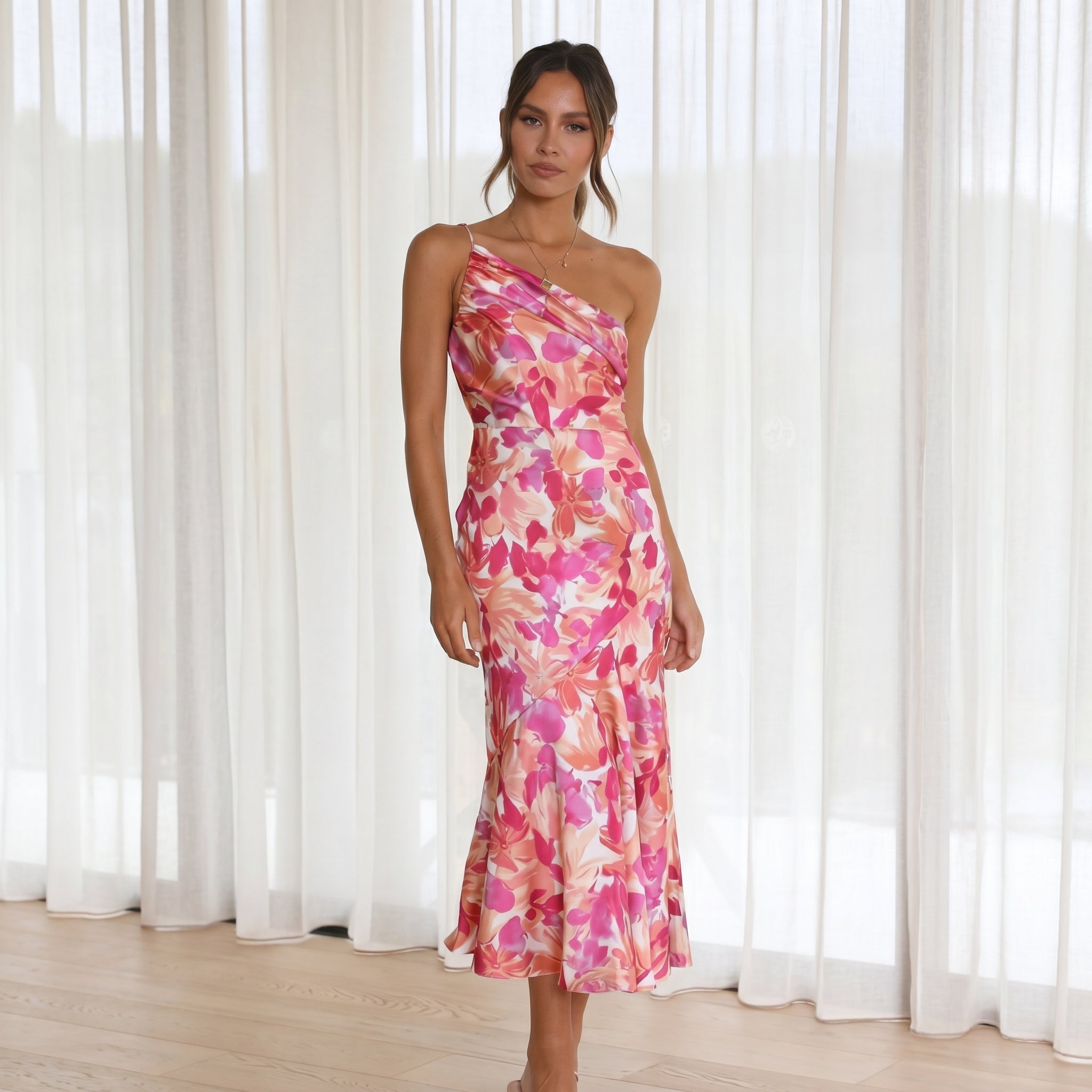 Grace - Women's Floral One-Shoulder Wedding Guest Midi Dress - Midi Dress - Pink - Taylor & Bennett