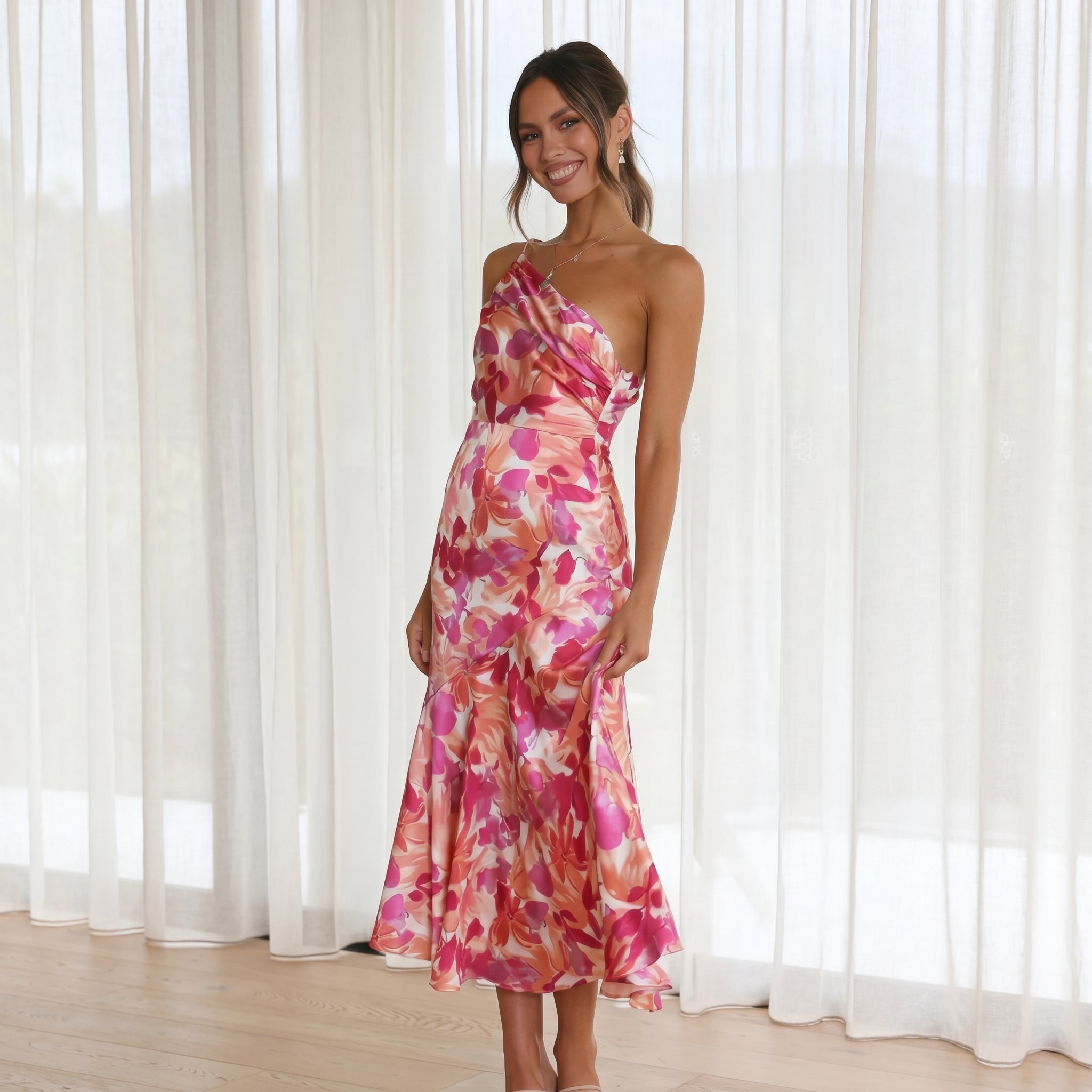 Grace - Women's Floral One-Shoulder Wedding Guest Midi Dress - Midi Dress - Pink - Taylor & Bennett