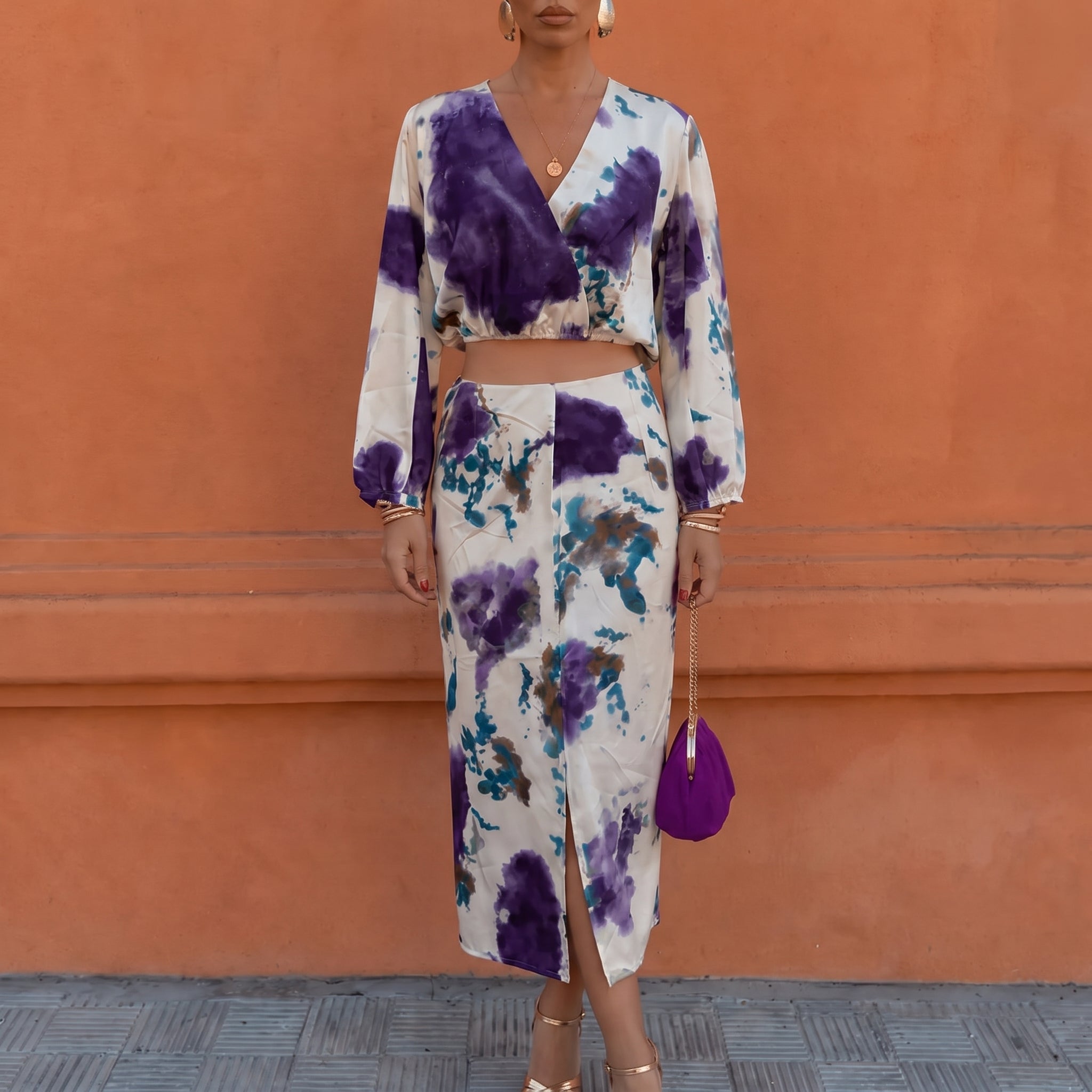 Hanna - Women's Abstract Print Long Sleeve Crop Top Skirt Set - Dresses - Purple - Taylor & Bennett