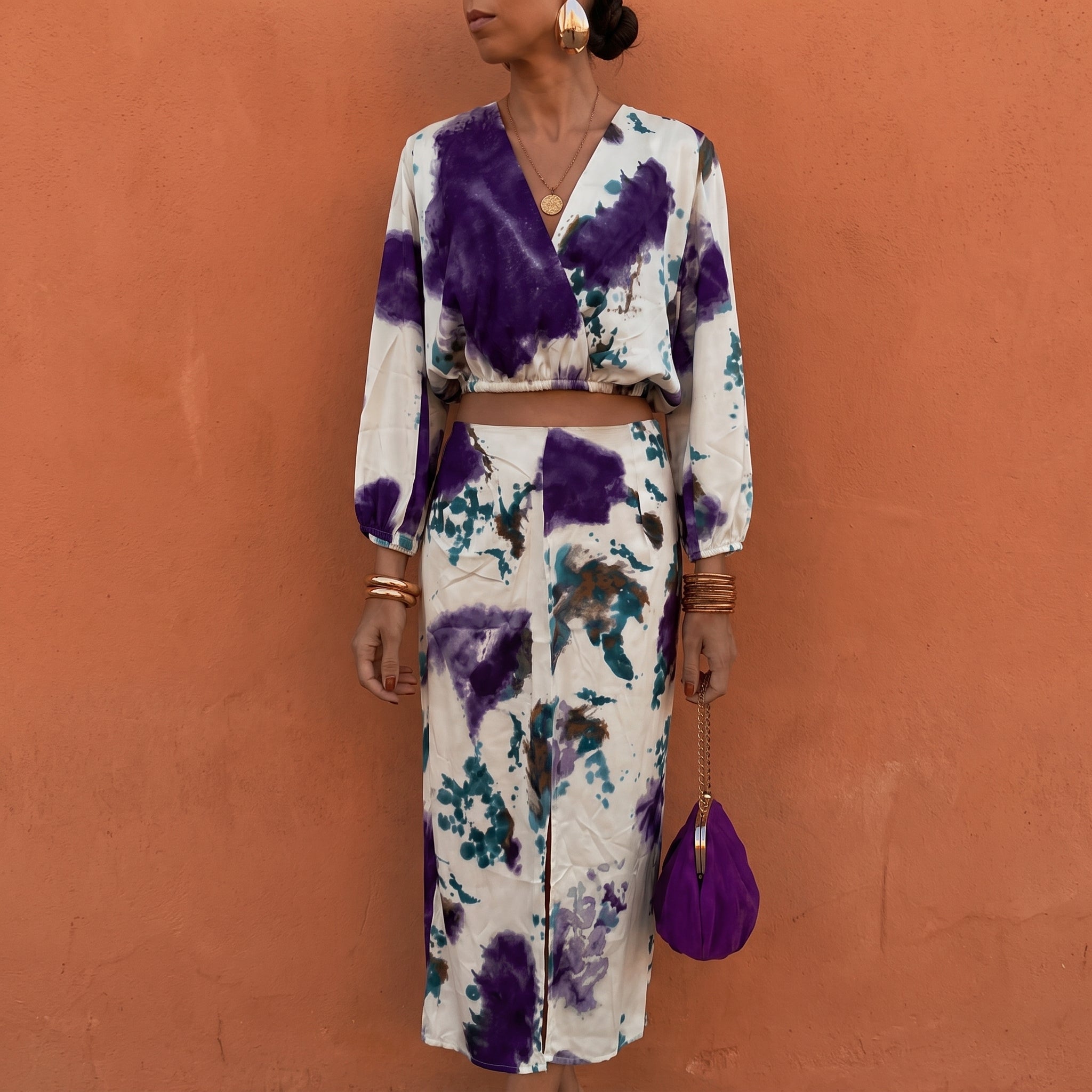 Hanna - Women's Abstract Print Long Sleeve Crop Top Skirt Set - Dresses - Purple - Taylor & Bennett